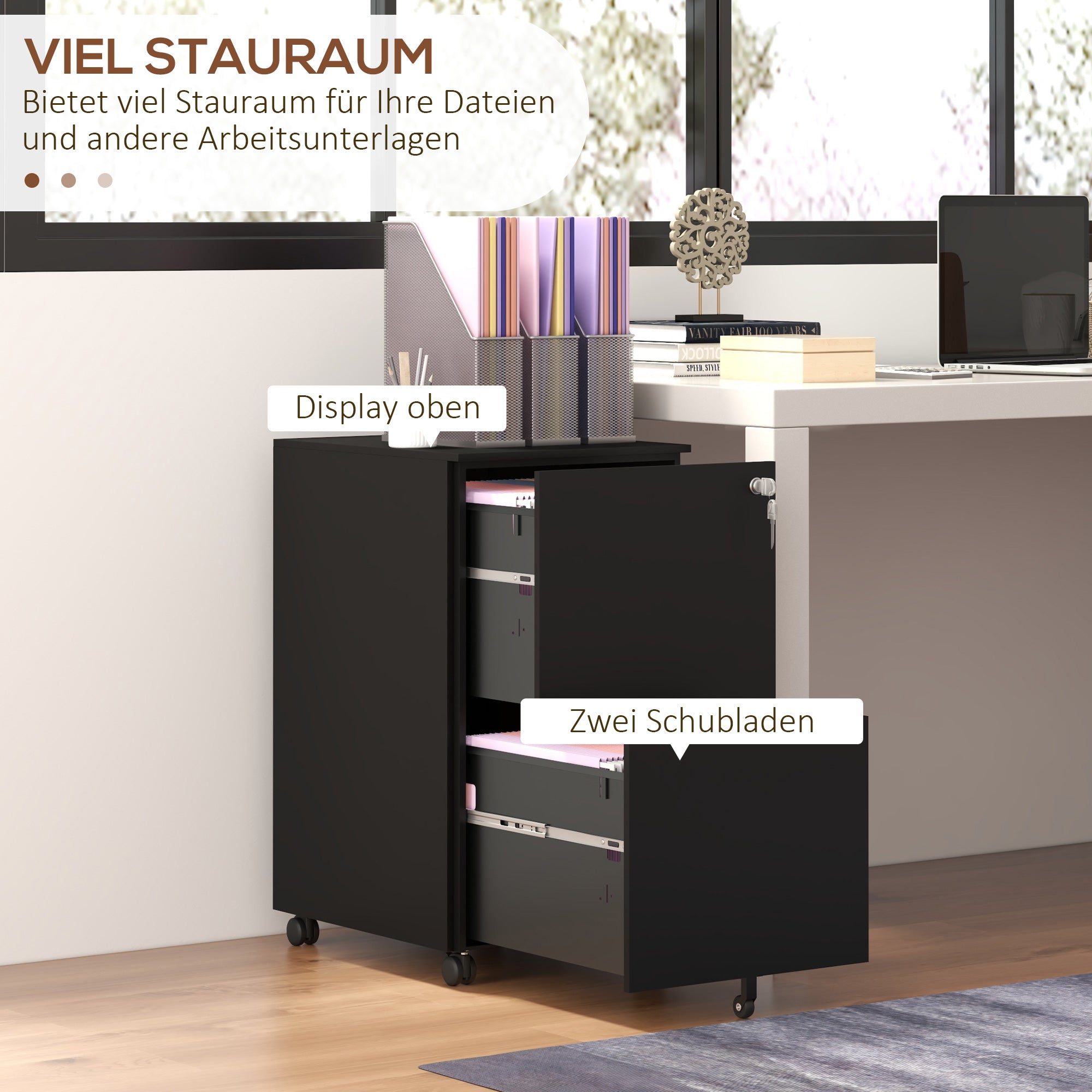 Vinsetto Rollcontainer Aktenschrank, 2 Schubladen, ab­schlie߭bar, rollbar, 37 cm x 43,5 cm x 67,5 cm, Schwarz