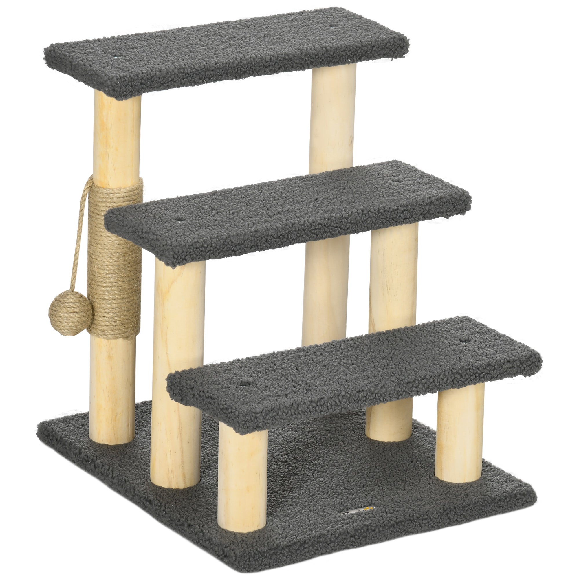 PawHut Katzentreppe Kratzbaum 3 Stufen mit Spielball Teddystoff