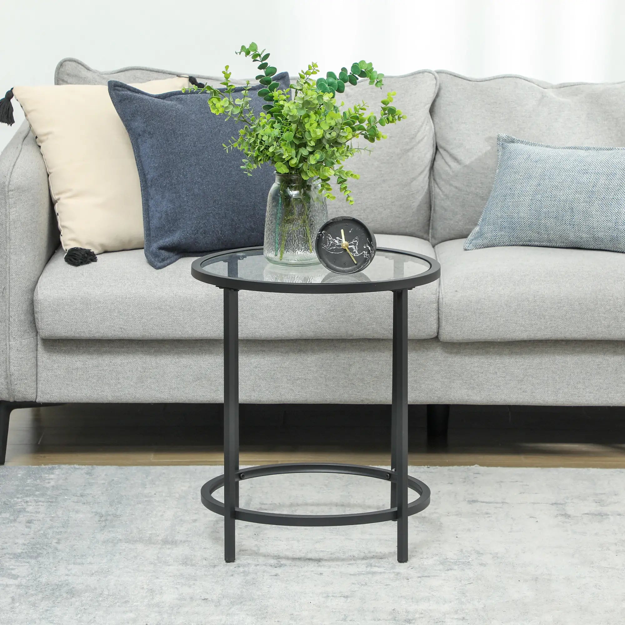 HOMCOM Runder Beistelltisch mit Glasplatte und Metallrahmen, kleiner Kaffeetisch für Wohnzimmer, Schlafzimmer, Schwarz