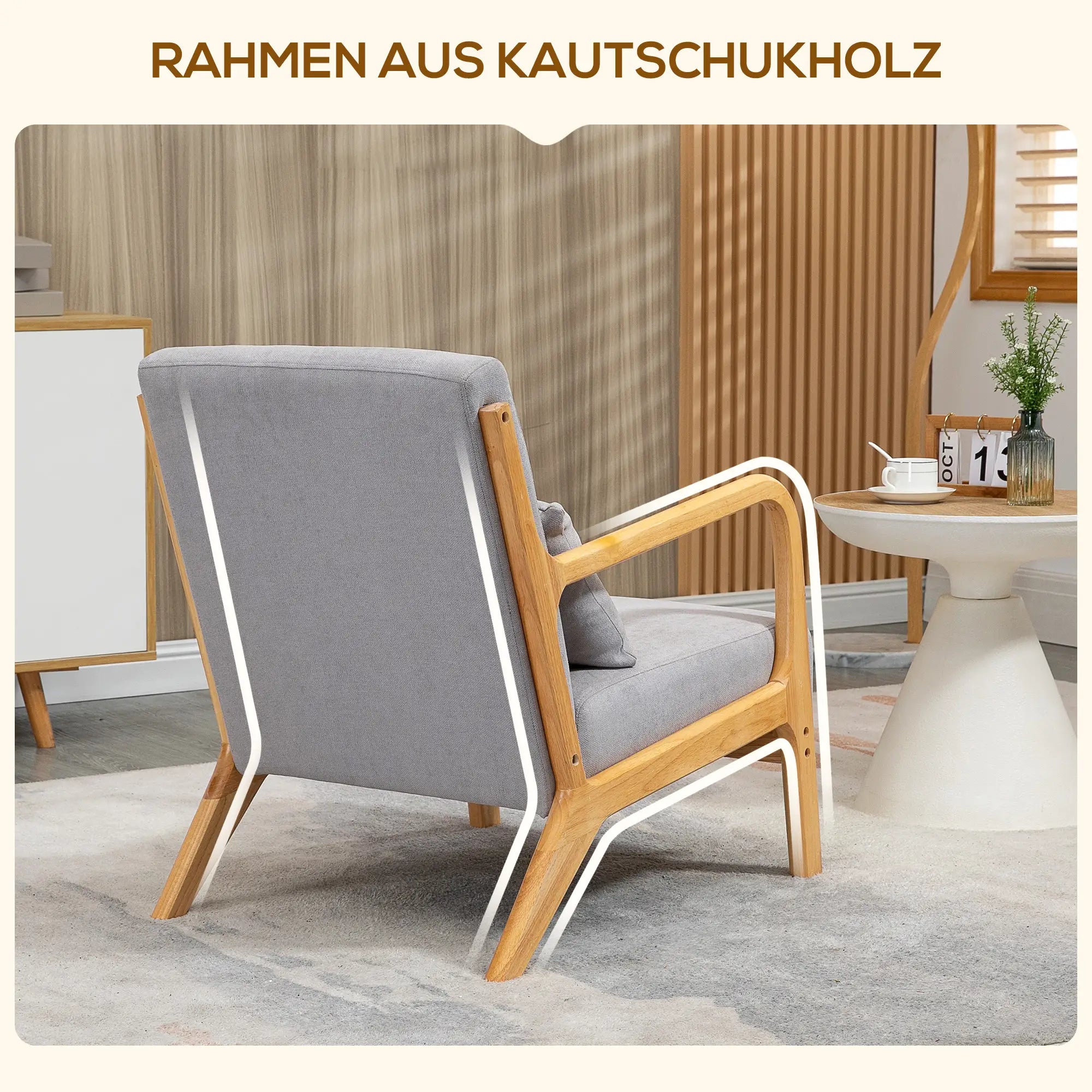 HOMCOM Loungesessel Polsterstuhl Gummiholz Samtoptik grau