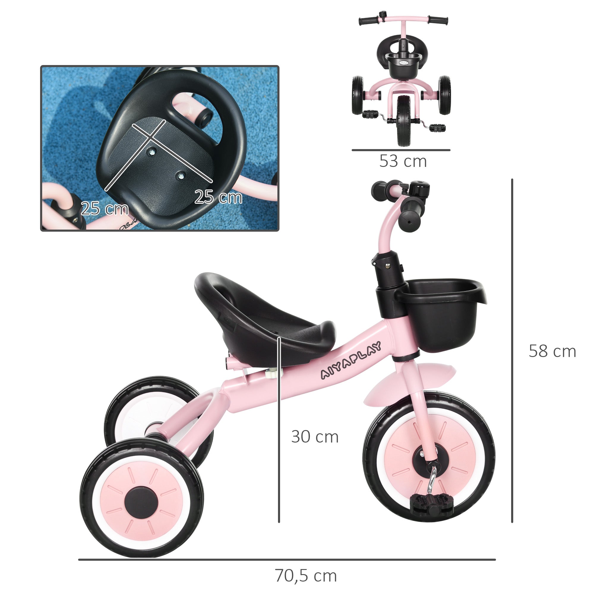 AIYAPLAY Dreirad für Kinder 2-5 Jahre, höhenverstellbarer Sitz, Klingel, Fahrradkorb, Metallrahmen, Rosa