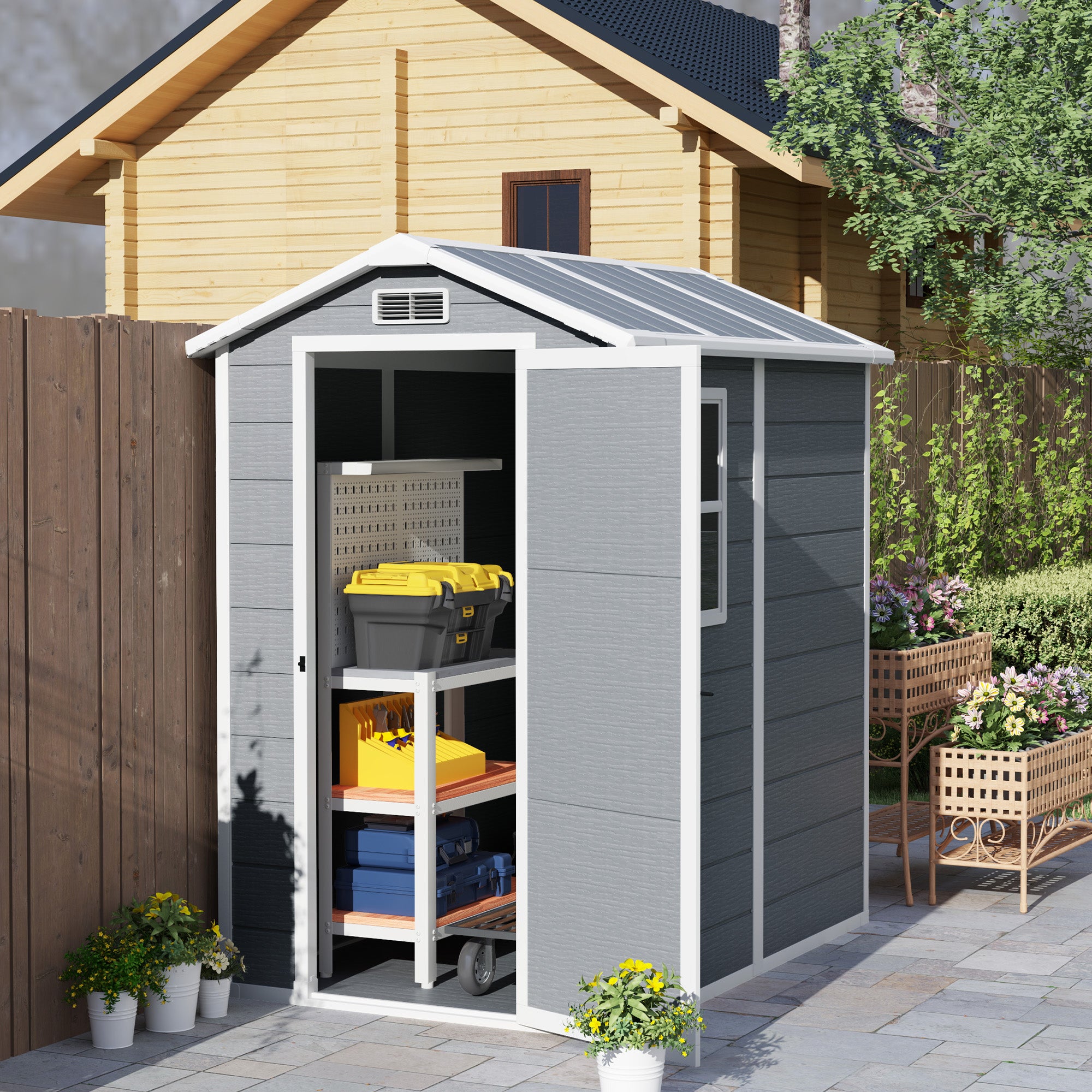 Outsunny Gartenschuppen, Kunststoff-Gartenhaus mit Boden, Fenster, verschließbare Türen, für Garten, 131B x 186T x 198H cm, Grau