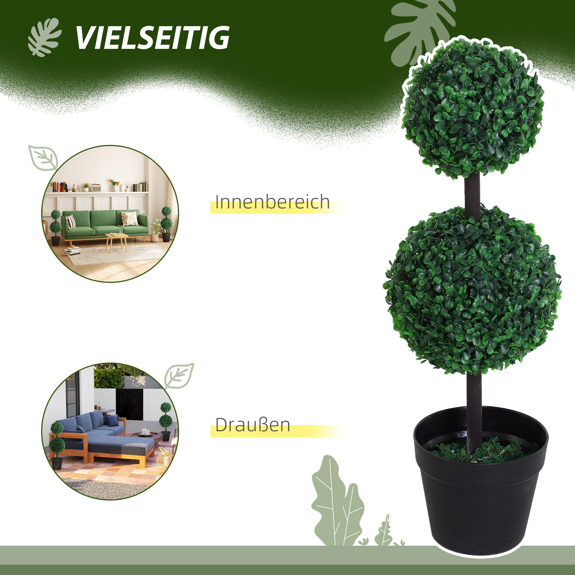 Outsunny 2er-Set Kunstpflanze, Künstliche Pflanzen im Kugeldesign, Kunstbaum im Zementtopf, Kunststoff-Pflanze, Grün+Schwarz