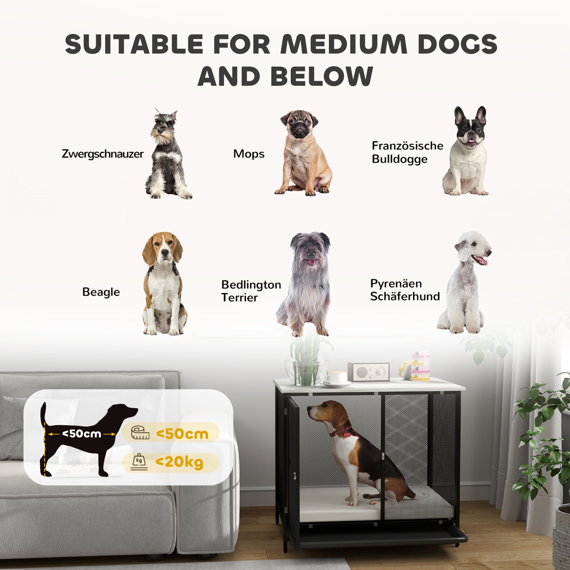 PawHut Hundebox mit gepolsterter Liegefläche, erhöhte Bodenwanne, verstellbare Füße, 80x55x71 cm, Eiche/Schwarz