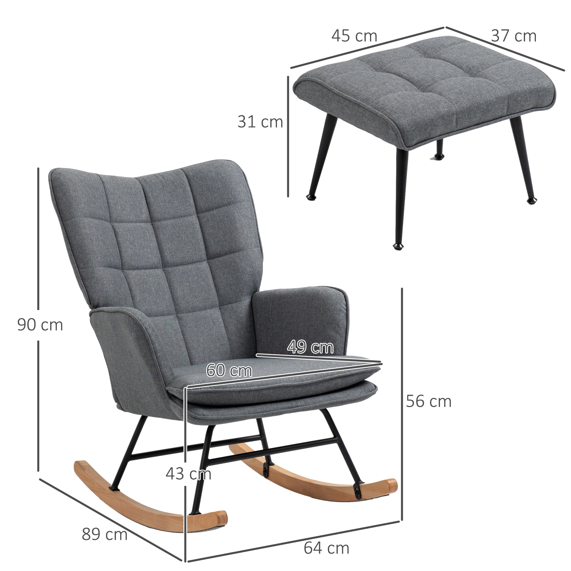 HOMCOM Schaukelstuhl mit Hocker, komfortabel, bis 130 kg, Leinenoptik, 64x89x90cm, Grau
