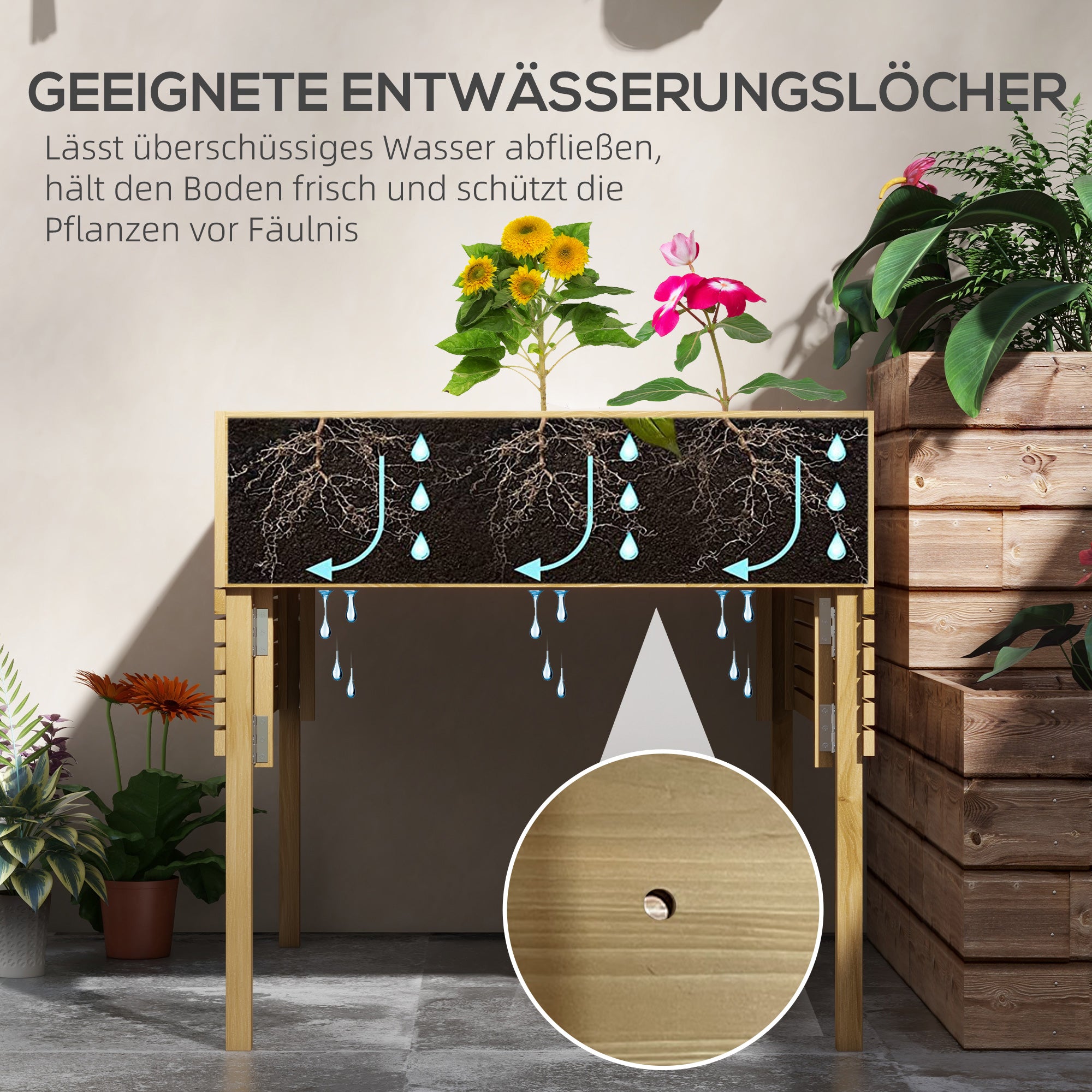 Outsunny Hochbeet mit 12 Trenngittern, klappbare Seitenregale, wetterfest, Tannenholz, 122 x 91,5 x 89 cm