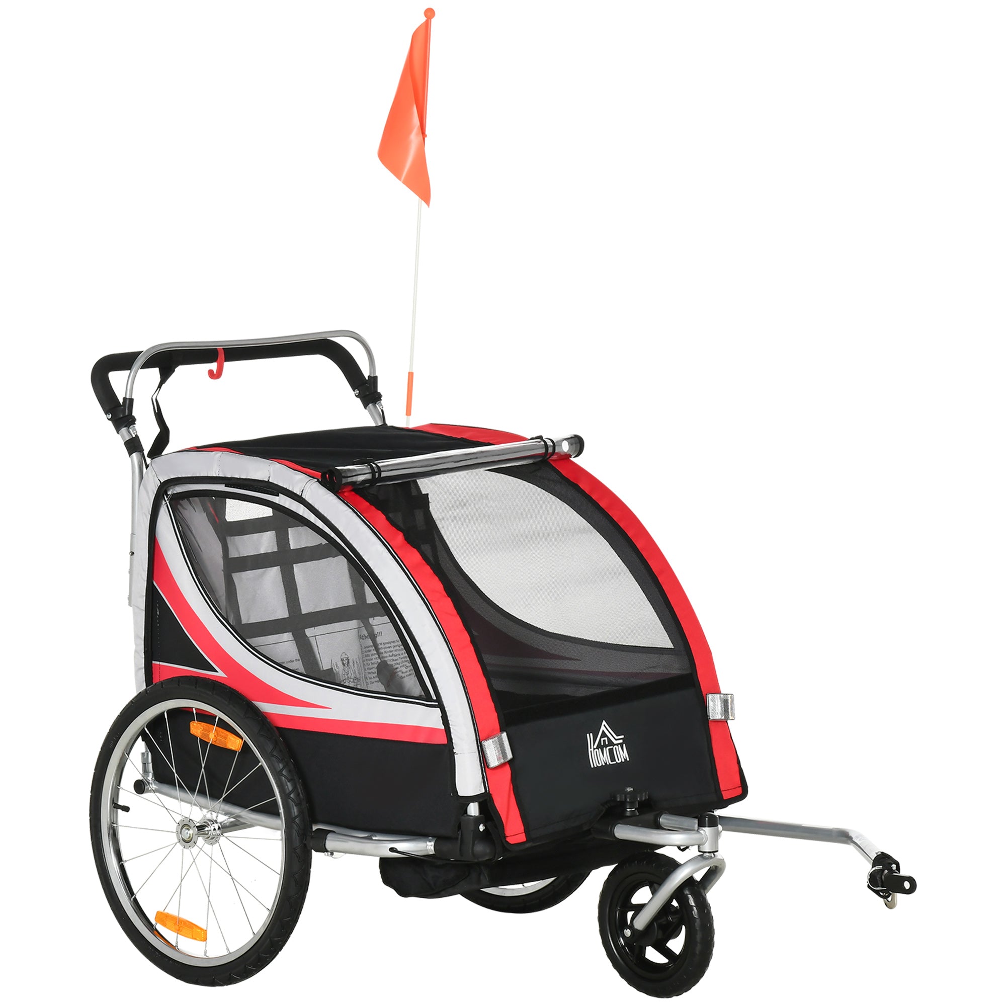 HOMCOM Kinderfahrradanhänger, 2-in-1, Joggerfunktion, wetterfeste Plane, Stahlrahmen, rot+schwarz, 142 x 75 x 101cm