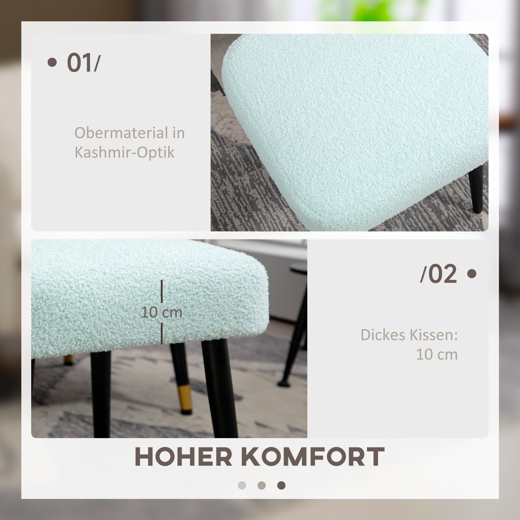 HOMCOM Hocker, Fußstütze, gepolsterter Sitz, Kaschmir-Optik, Stahlbeine, 42 x 42 x 47 cm, Hellblau