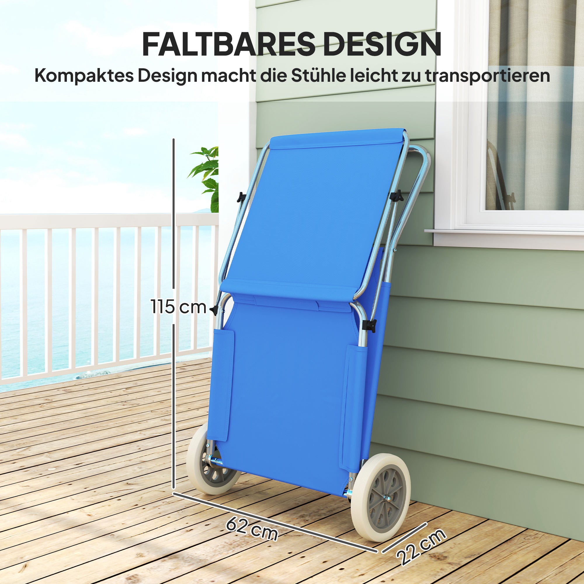 Outsunny Sonnenliege klappbar Gartenliege mit Kopfkissen Dach, Rolle Liegestuhl mit verstellbare Rückenlehne Blau