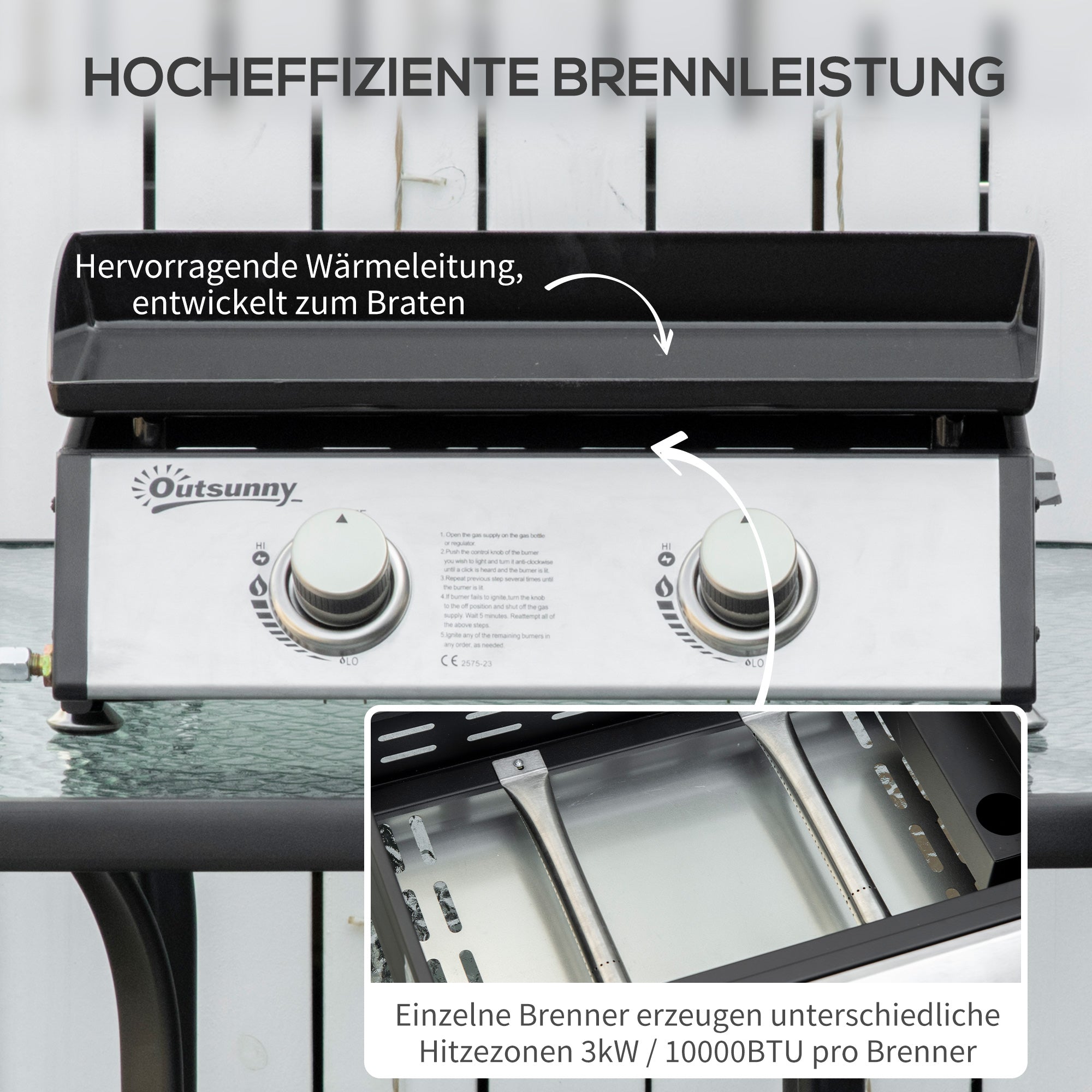 Outsunny Gasgrill mit 2 Brennern, Schlauch, Antihaft-Grillplatte, Edelstahl, Farbe: Silber, 48,5 x 46 x 21 cm