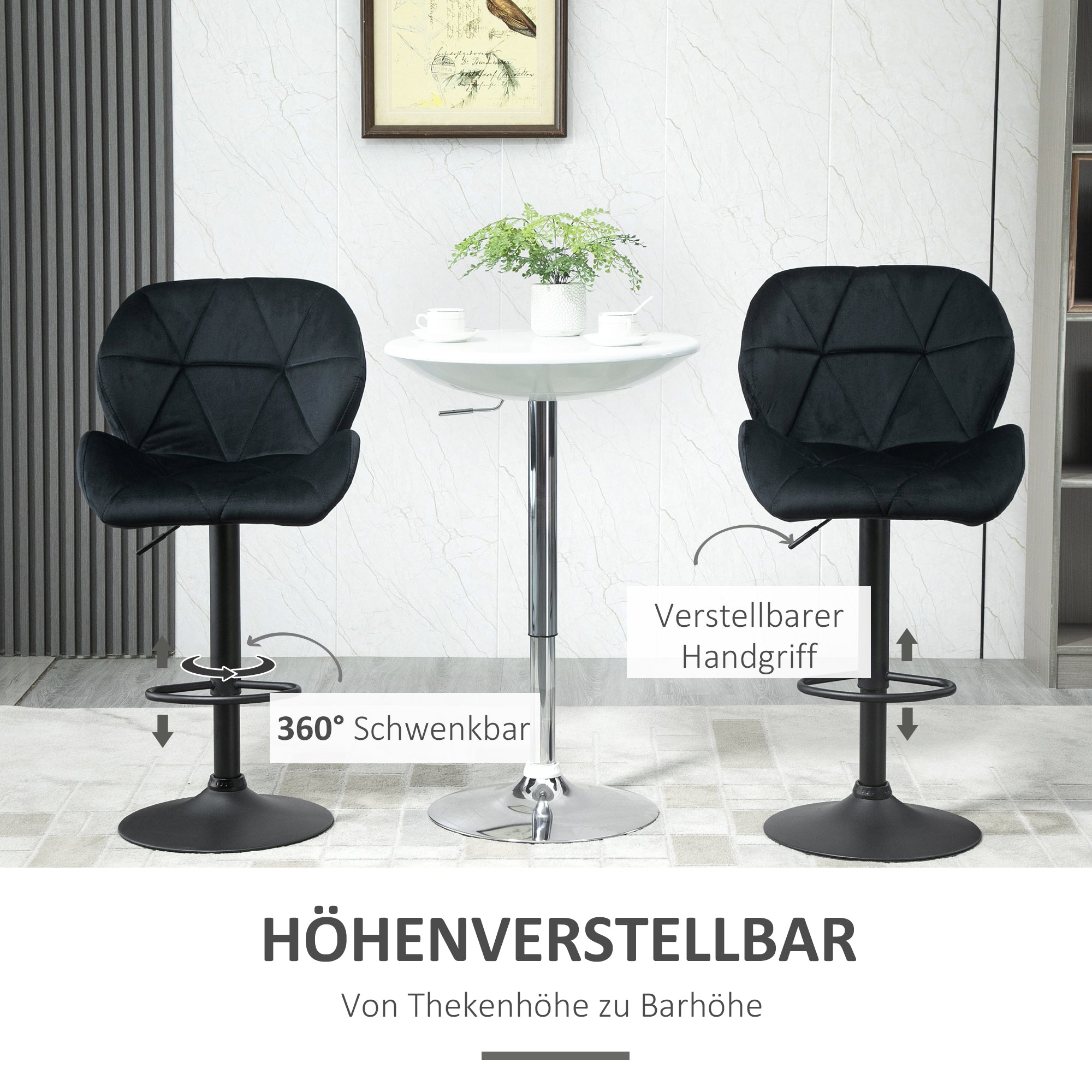 HOMCOM 2er-Set Barhocker drehbare Barstühle mit Lehne höhenverstellbarer Bistrohocker Tresenhocker Samt Touch armloser Schaumstoff Schwarz 51,5x 57,5 x 93-114,5 cm
