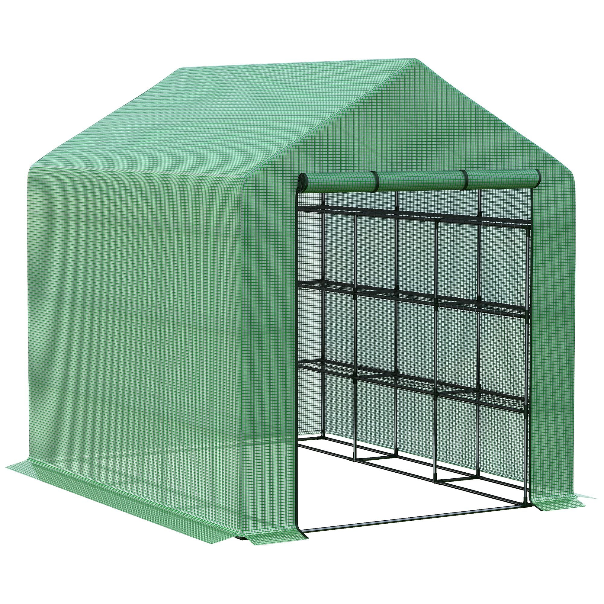 Outsunny Foliengewächshaus begehbares Gewächshaus mit 8 Regalebenen Tomatengewächshaus Treibhaus Frühbeet mit Tür Grün Stahl PE-Kunststoff 244 x 180 x 210 cm