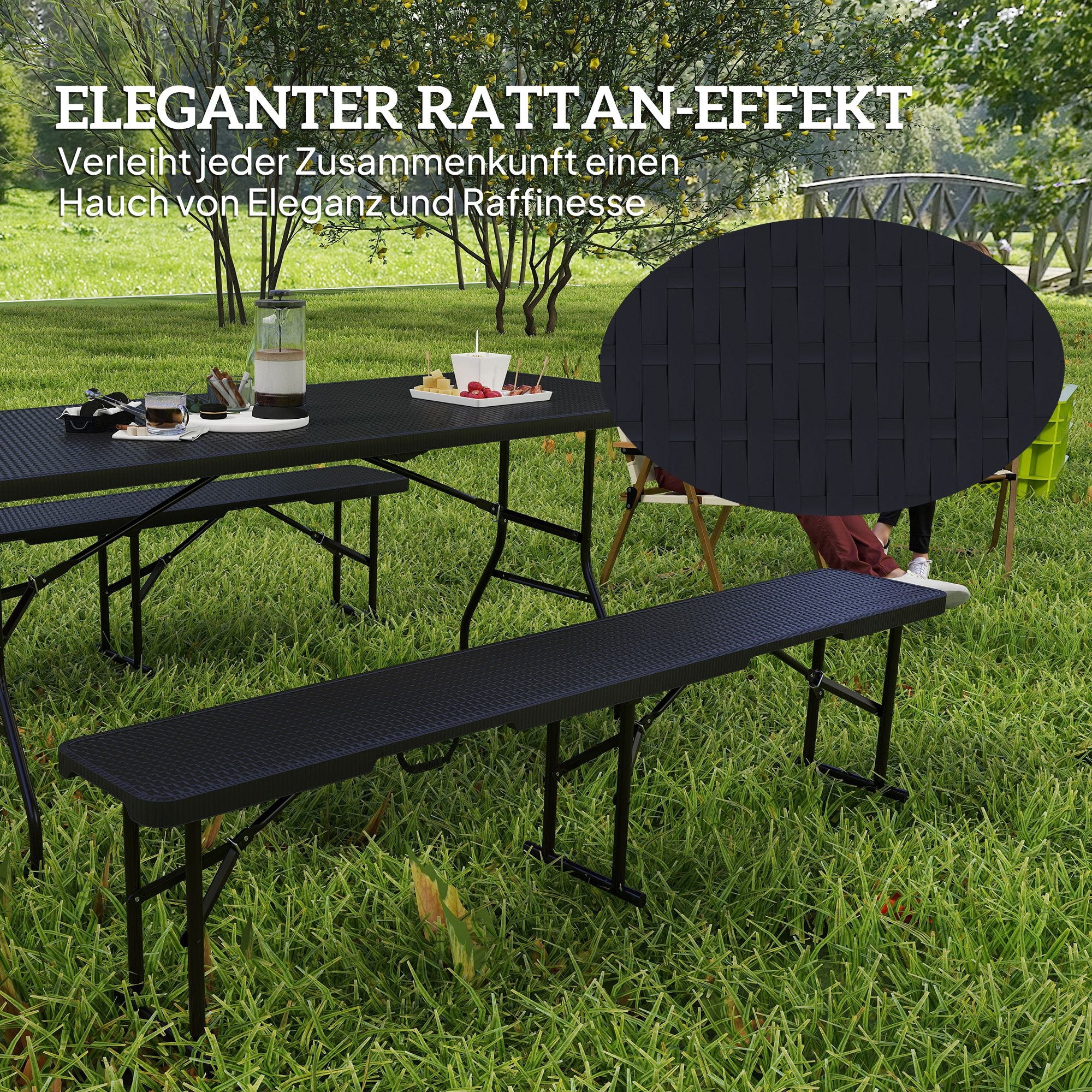 Outsunny Picknicktisch und Bänke, 3-teiliges Set, faltbar, Kunststoff, Metall, Schwarz