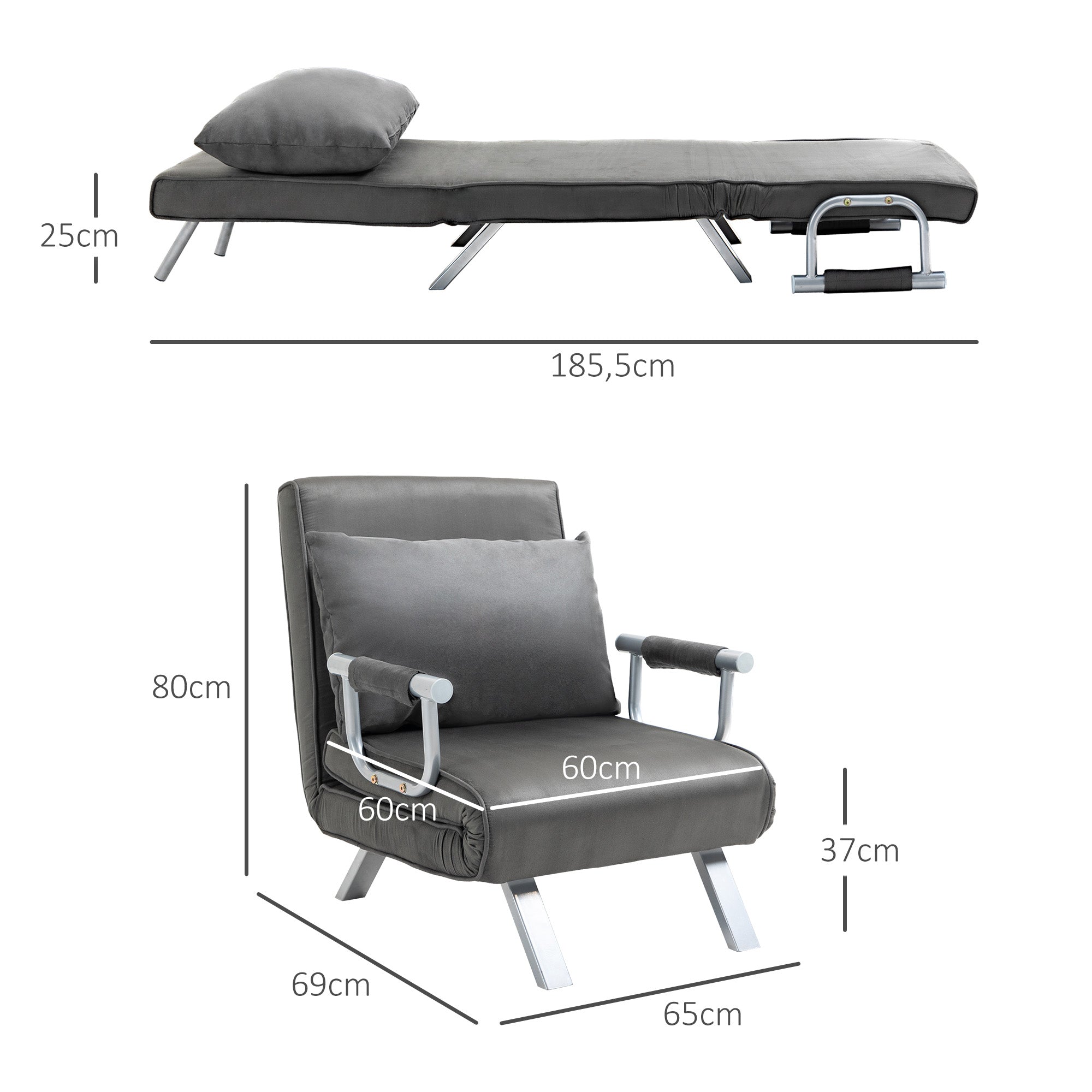 HOMCOM Relaxsessel Liegesessel Sessel, Liegefunktion, Gästebett, 65 cm x 69 cm x 80 cm, Grau