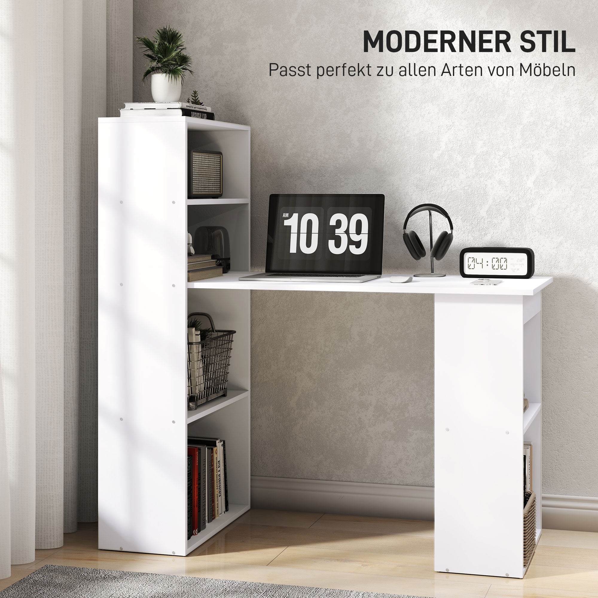 HOMCOM Schreibtisch Bürotisch Computertisch, 2 Regale, 5 Regalböden, 120 cm x 55 cm x 120 cm, Weiß