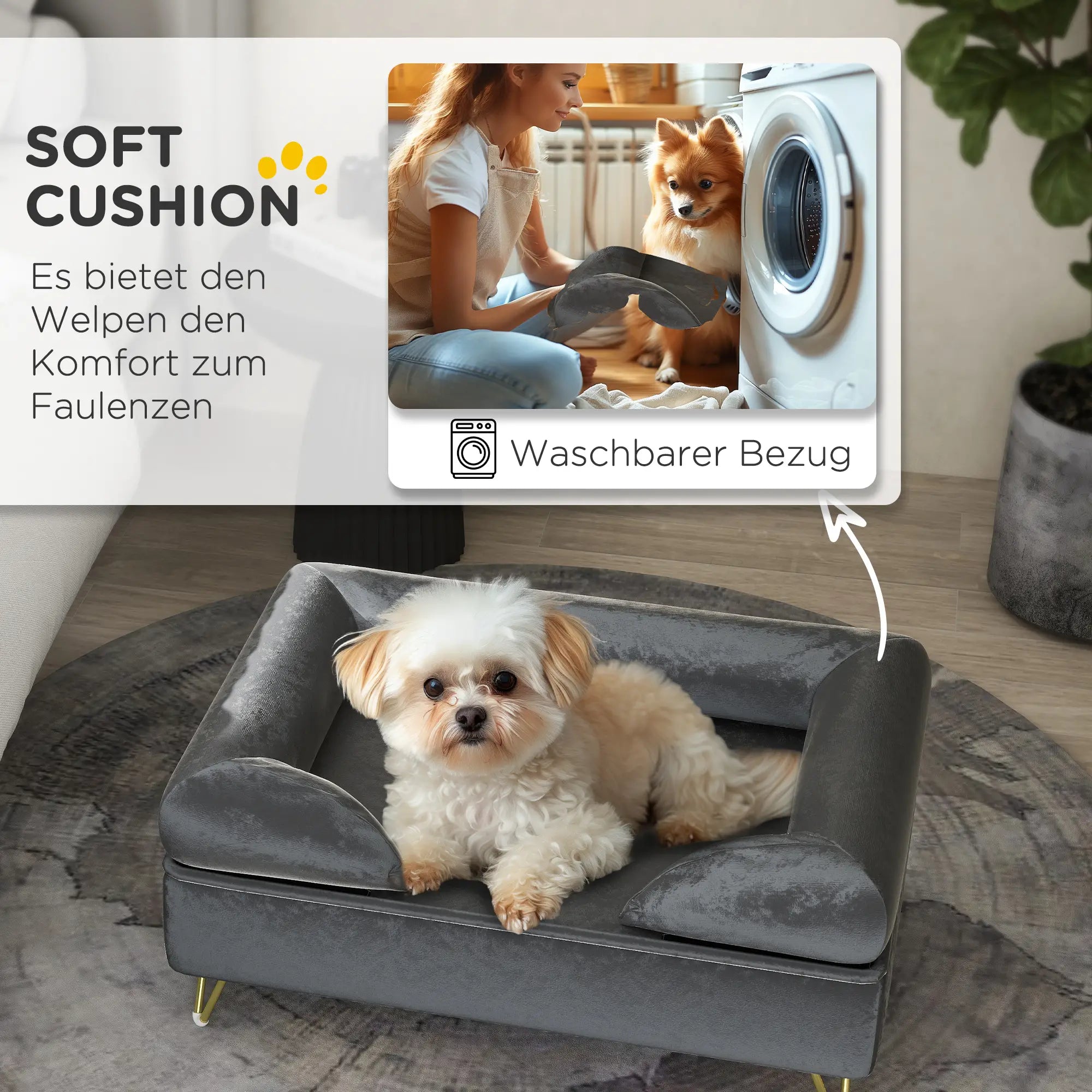 PawHut Hundesofa Grau 76x53,5x34?cm mit Rückenlehne & Metallfüßen