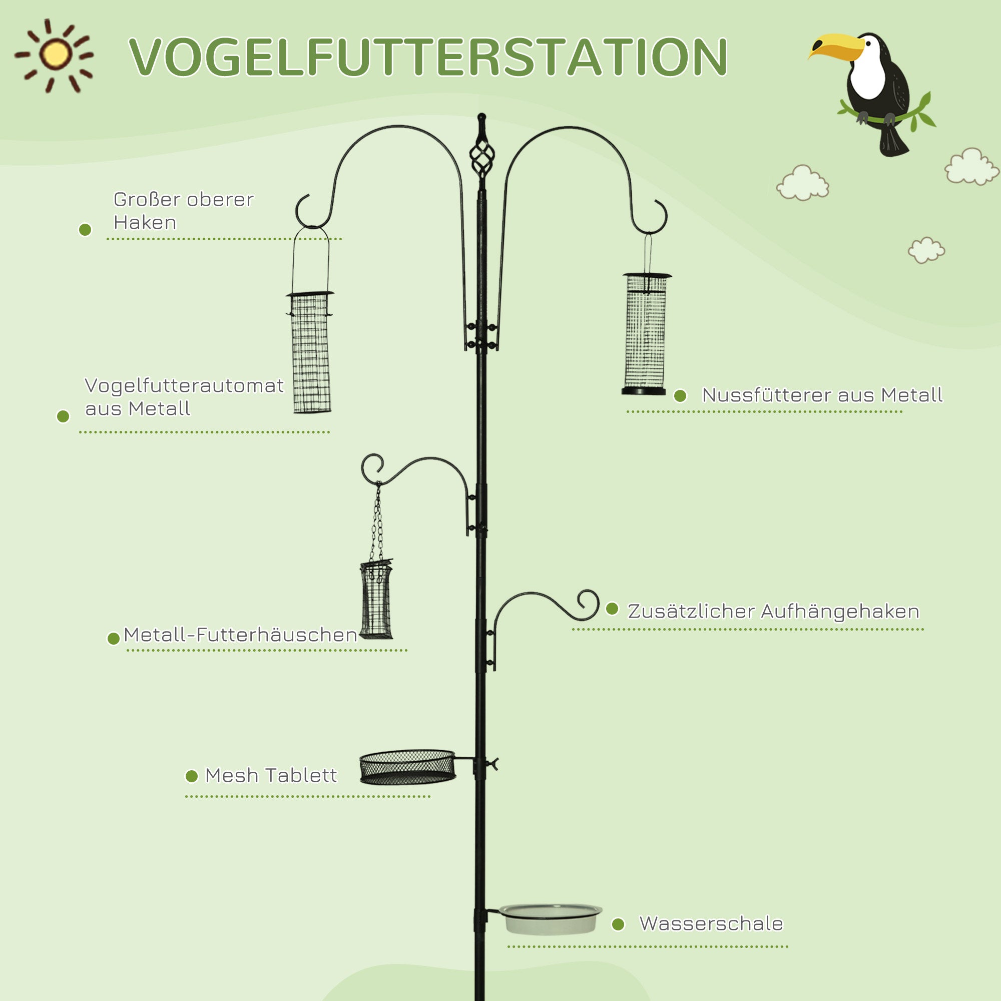 PawHut Vogel Futterstation Set aus Stahl Höhe 208 cm inkl. 4 Haken Vogeltränke Futterteller Vollständiges Futtersäulen Vogelfutterspender Station Schwarz