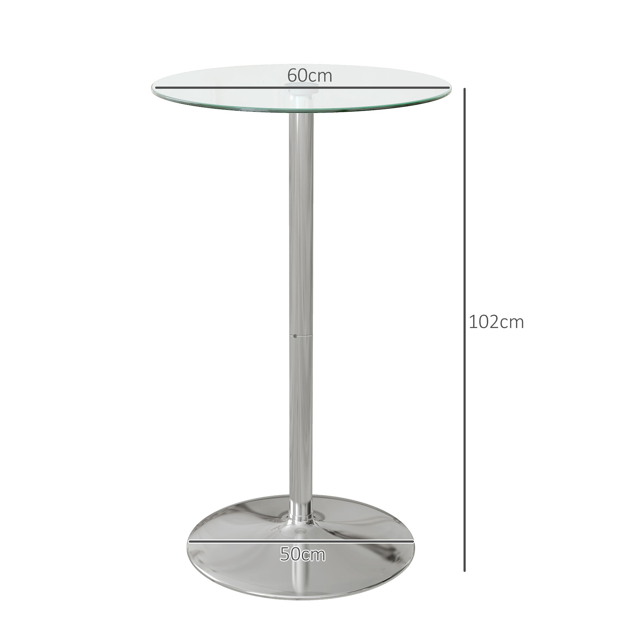 HOMCOM Bartisch Stehtisch, Runder Tisch, gehärtet Glasplatte, modernes Design, 60 x 60 x 102 cm, Silber