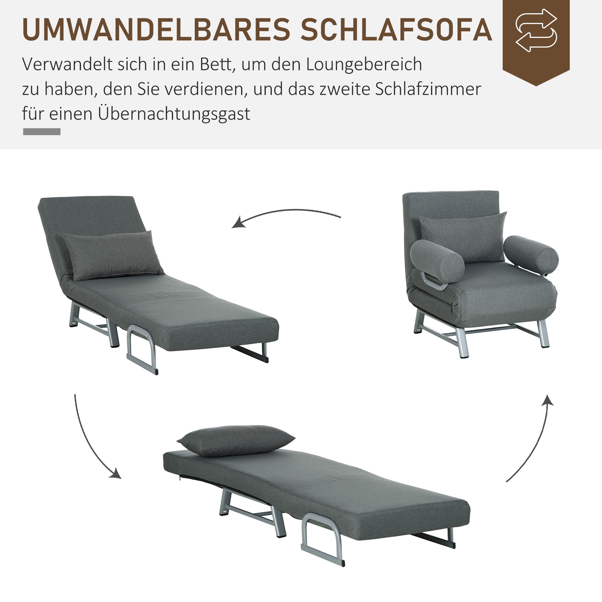 HOMCOM Schlafsessel, Polstersessel, zum Gästebett umwandelbar, ergonomisch, Dunkelgrau