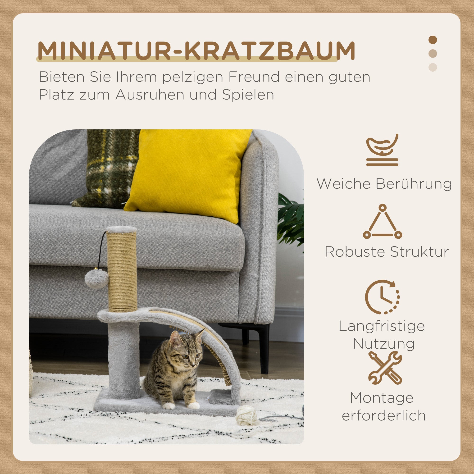 PawHut Katzenkratzbaum, Jutebespannung, hängende Kugel mit Glocke, Kratzbrett, 34L x 24B x 43H cm, Grau
