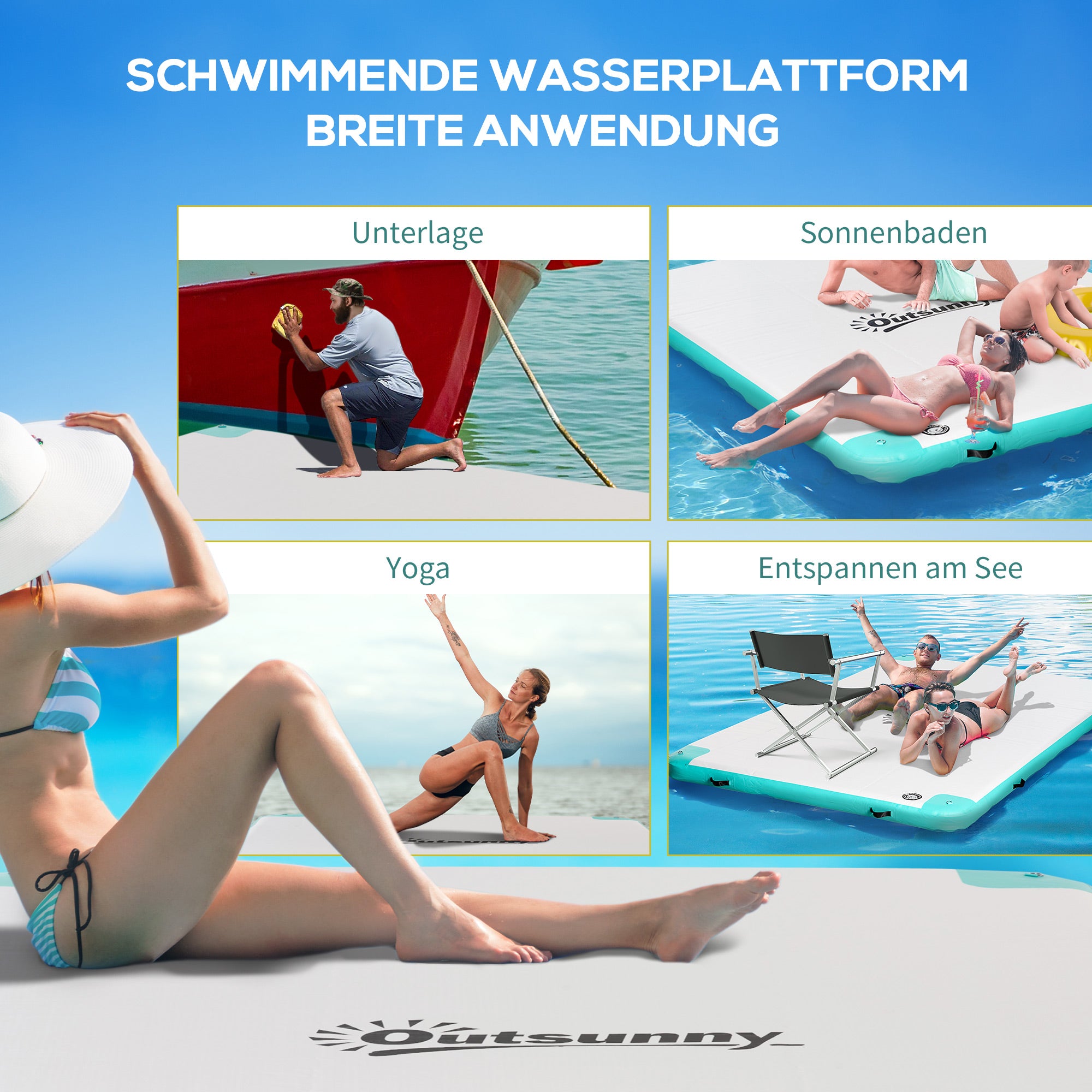 Outsunny Luftmatratze Pool Klappbar Badeinsel Aufblasbare Wasserhängematte Rutschfest Wasser Matratze Pool Spielzeug für Erwachsene Schwimminsel für Pool See 304 x 204 x 15 cm