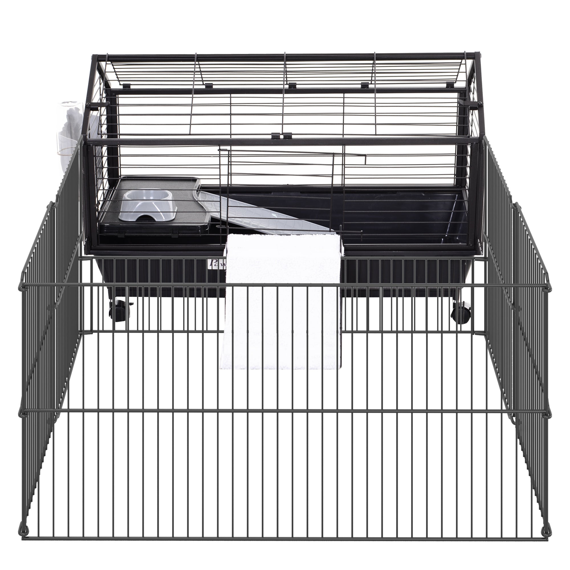 Pawhut Kleintierkäfig mit Freigehege inkl. Zubehör 88 cm x 128,5 cm x 56 cm  4 Rollen Schwarz Metall Polypropylen