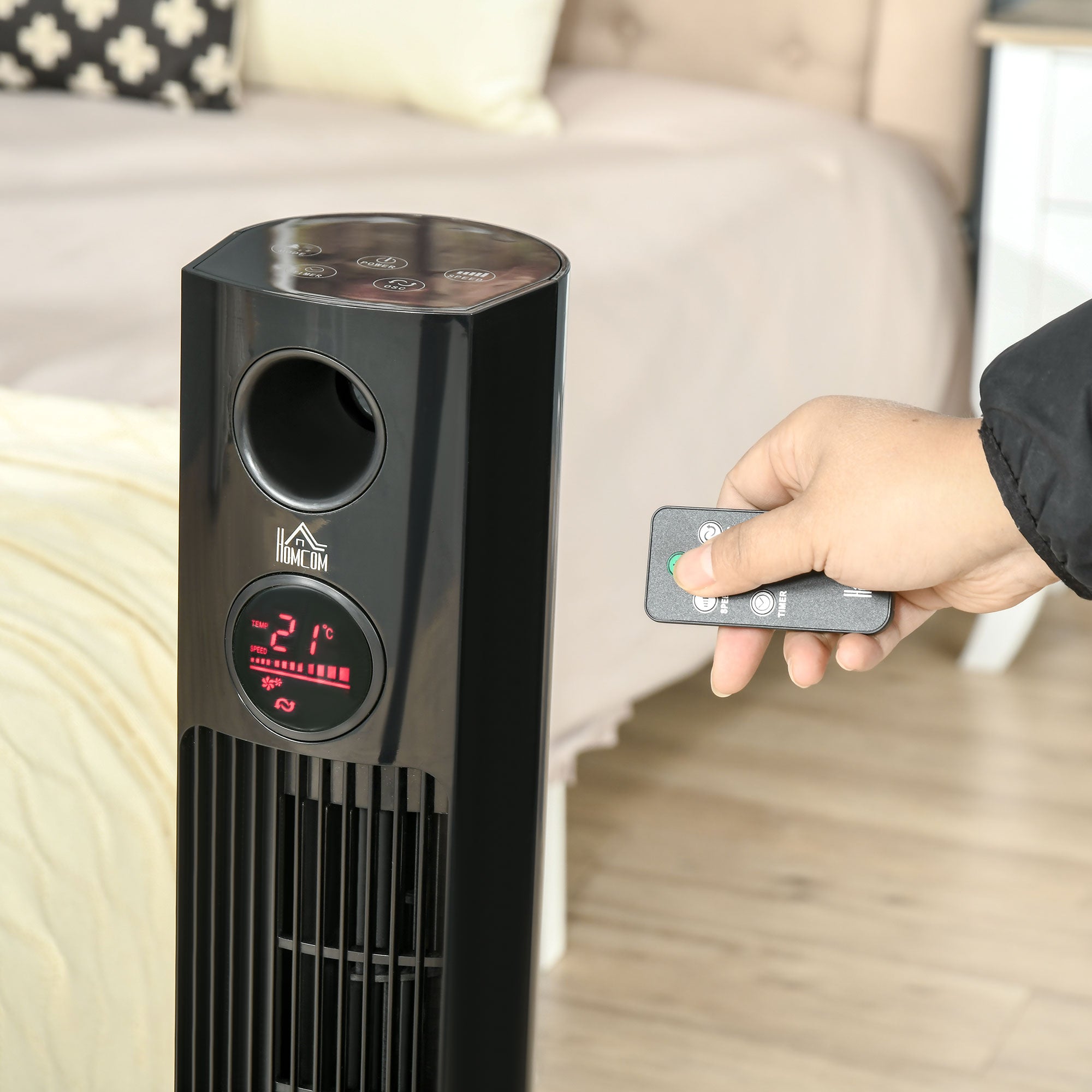 HOMCOM Turmventilator mit Fernbedienung 45W 70° Oszillation Säulenventilator Ventilator mit Aroma-Diffusor Timer-Funktion 3 Belüftungsstufen Schwarz