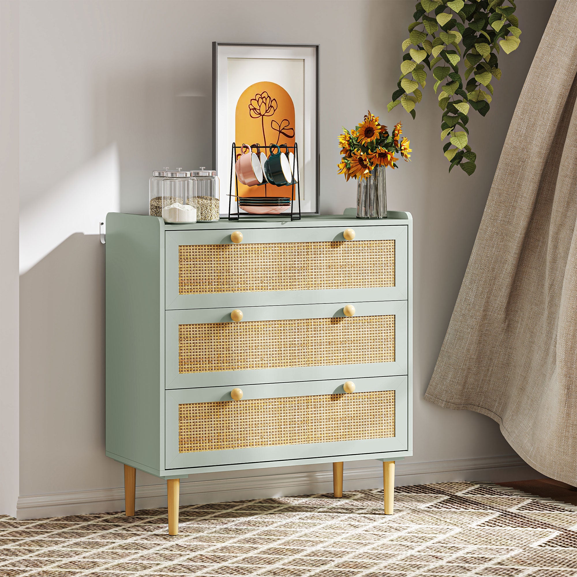 HOMCOM Schlafzimmer-Kommode mit 3 Schubladen, Rattan-Fronten, Kleiderkommode für Flur, Eingangsbereich, MDF, Grün