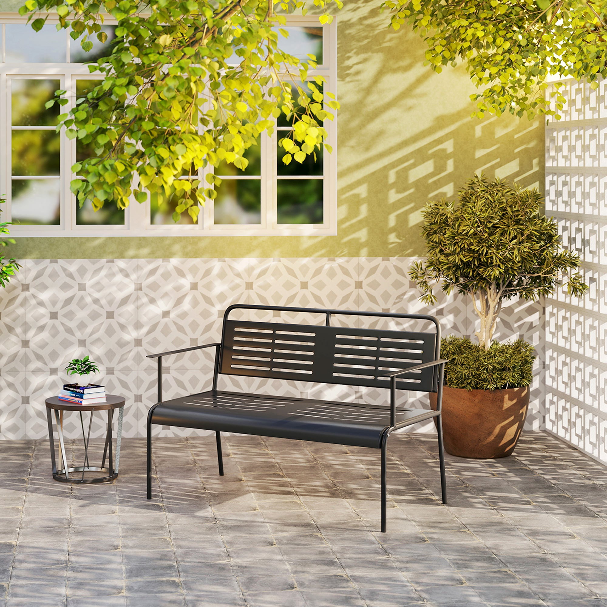 Outsunny -Sitzer Gartenbank, wetterfest Sitzbank, wasserabweisend Gartenmöbel mit Rücken- & Armlehnen 121 x 64 x 84cm, Schwarz