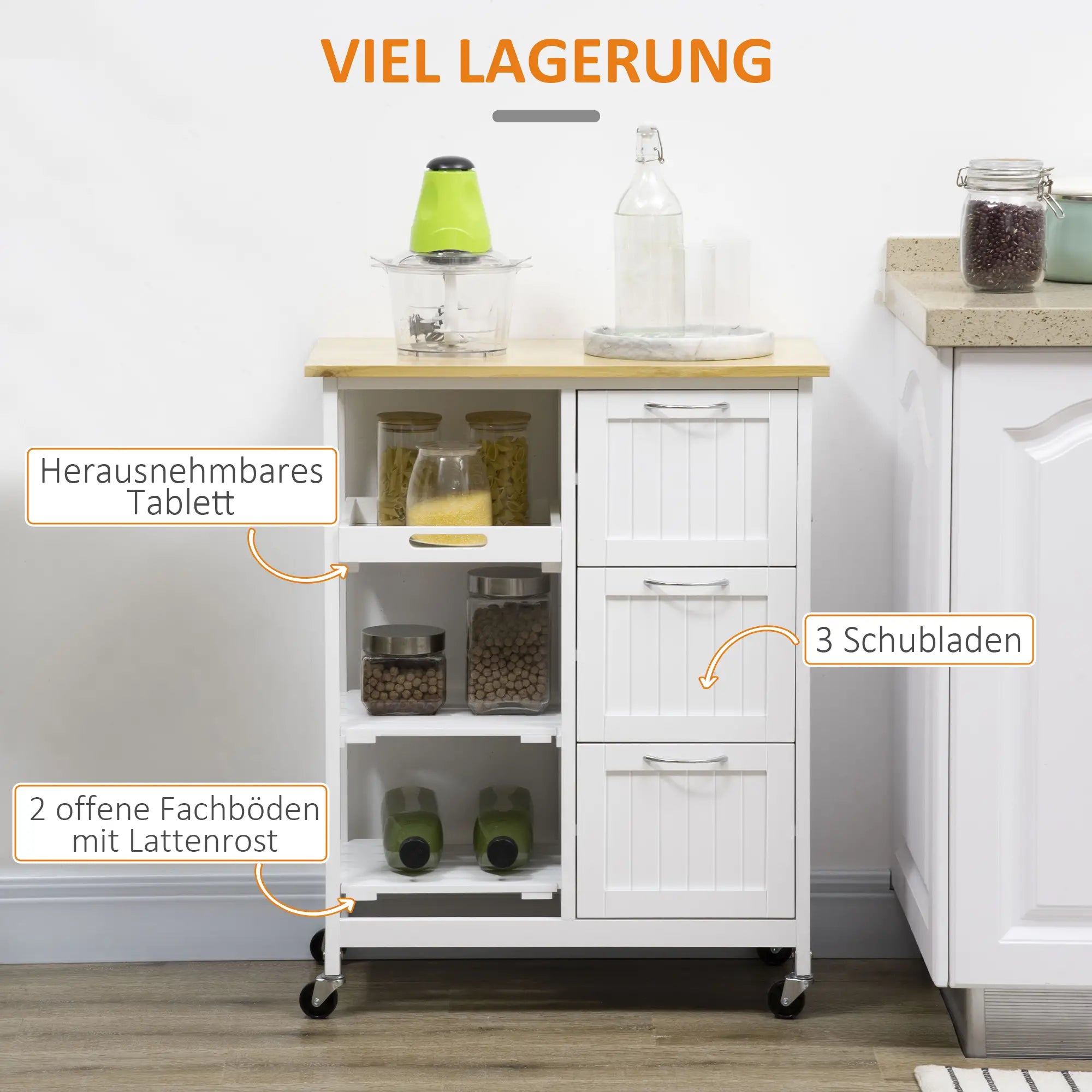 HOMCOM Küchenwagen im Landhausstil Kücheninsel Küchentrolley mit 3 Schubladen, Weiß