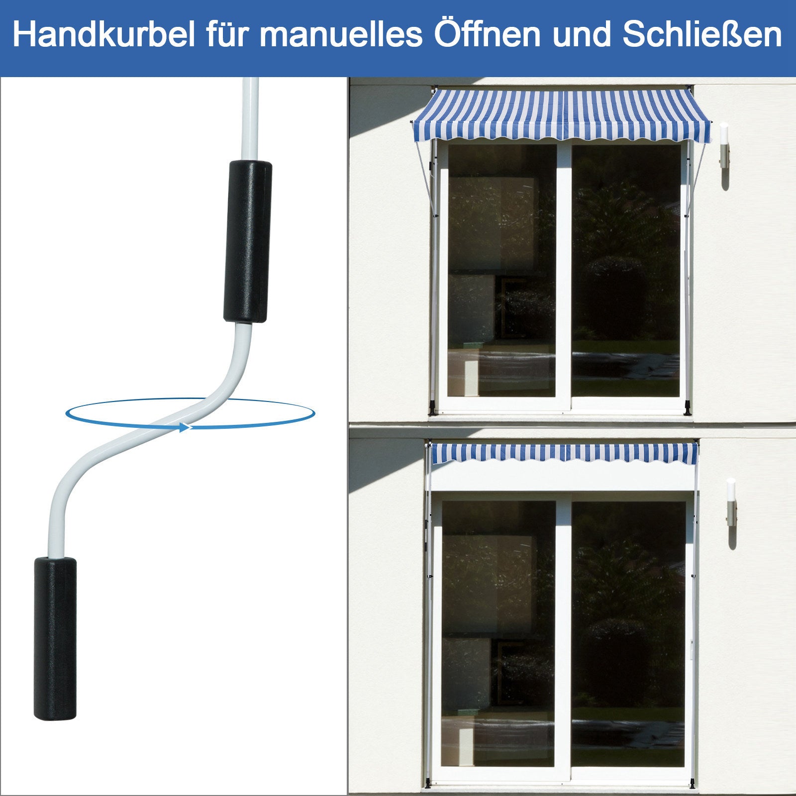 Outsunny Klemmmarkise mit Handkurbel höhenverstellbar Gelenkarmmarkise schmutzabweisend, witterungsbeständig Balkonmarkise 150cm breit Terrassenmarkise für Terrasse Balkon Veranda Blau+Weiß