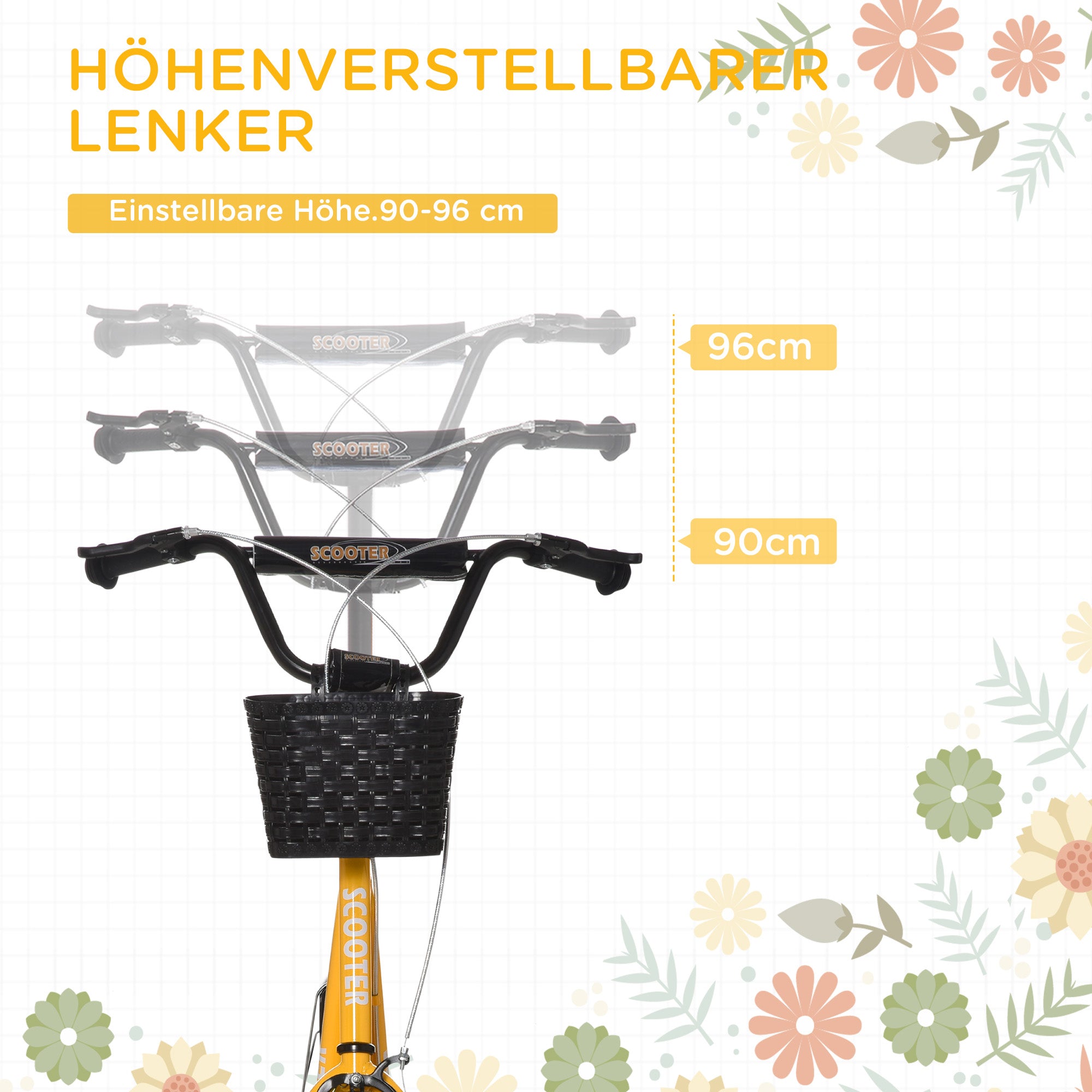 HOMCOM Kinder-Tretroller, höhenverstellbar, rutschfest, Stahlrahmen, abnehmbarer Korb, Bremsen, Gummireifen