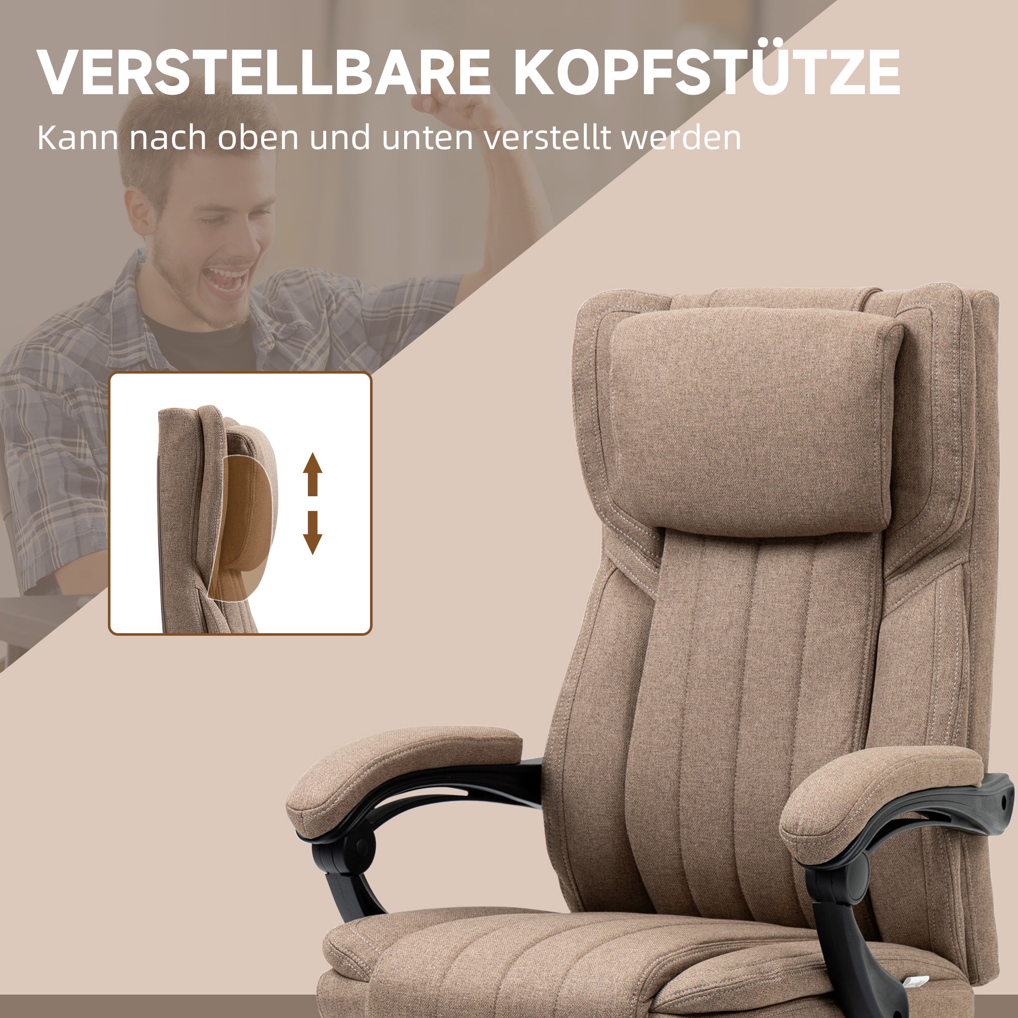 Vinsetto Bürostuhl mit Massagefunktion, neigbare Rücklehne, ausziehbare Fußstütze, Leinenoptik, 65 x 61 x 113 cm, Braun