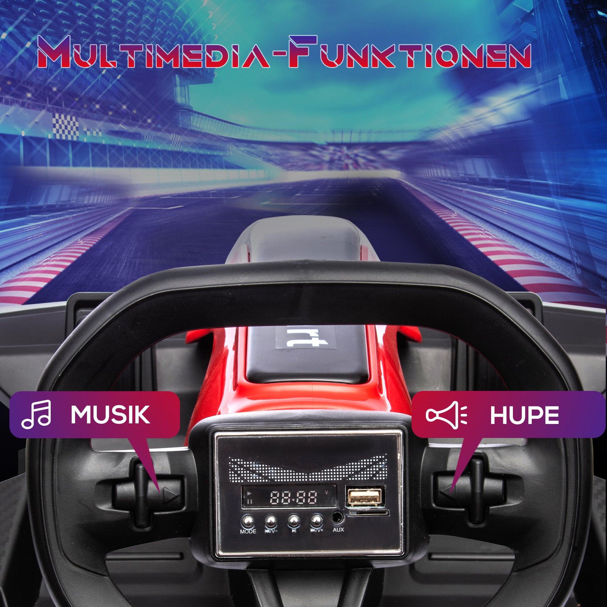 HOMCOM Go-Kart für Kinder, Elektro-Kart mit Hupe und Musikfunktion, verstellbarer Sitz, bis 12 km/h, Kunststoff, Metall, Rot