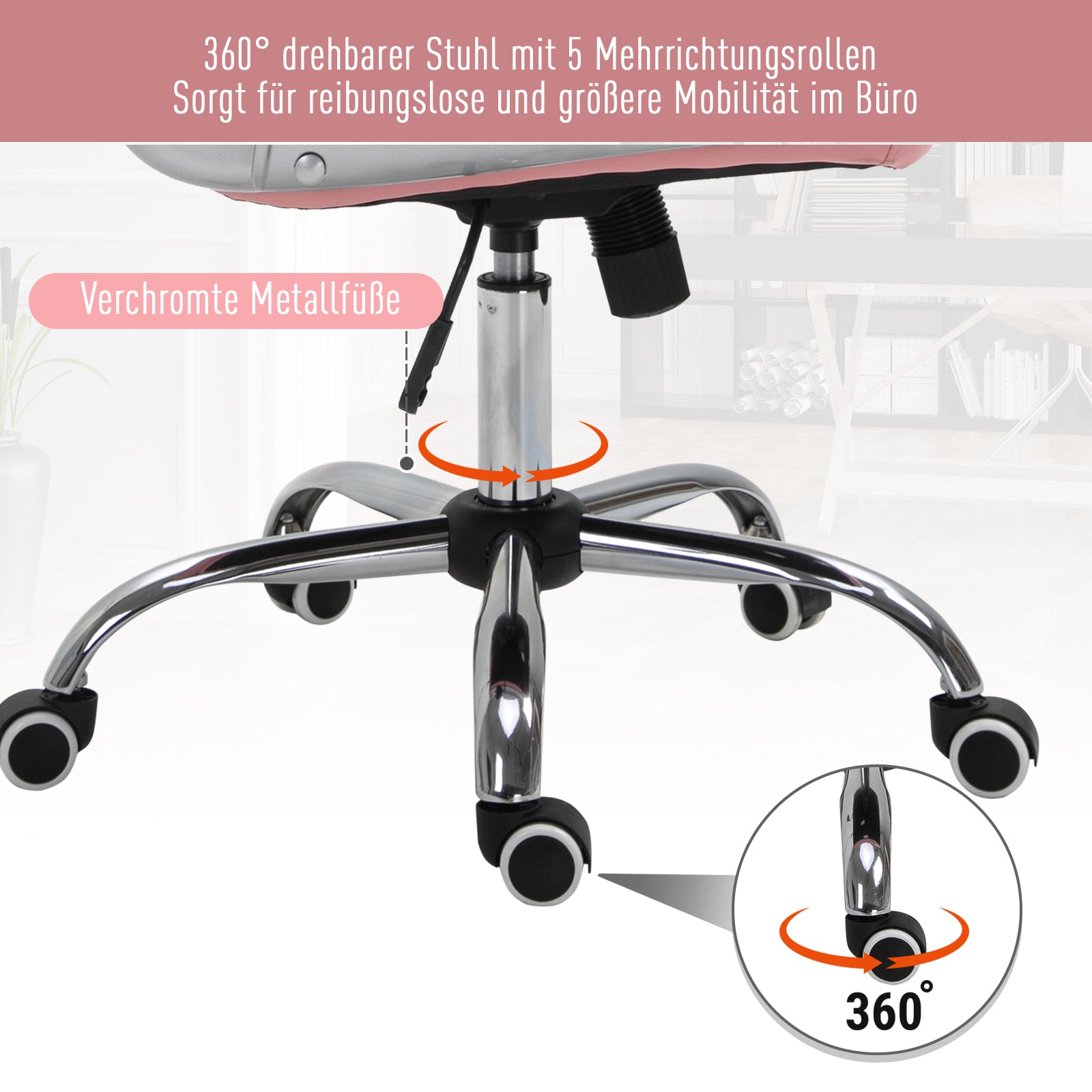 Vinsetto Bürostuhl, Ergonomisch Schreibtischstuhl mit Armlehne, Gepolsterter Rückenlehne, Höhenverstellbar Computerstuhl mit Kunstlederoptik, Drehstuhl für Home Office, Rosa