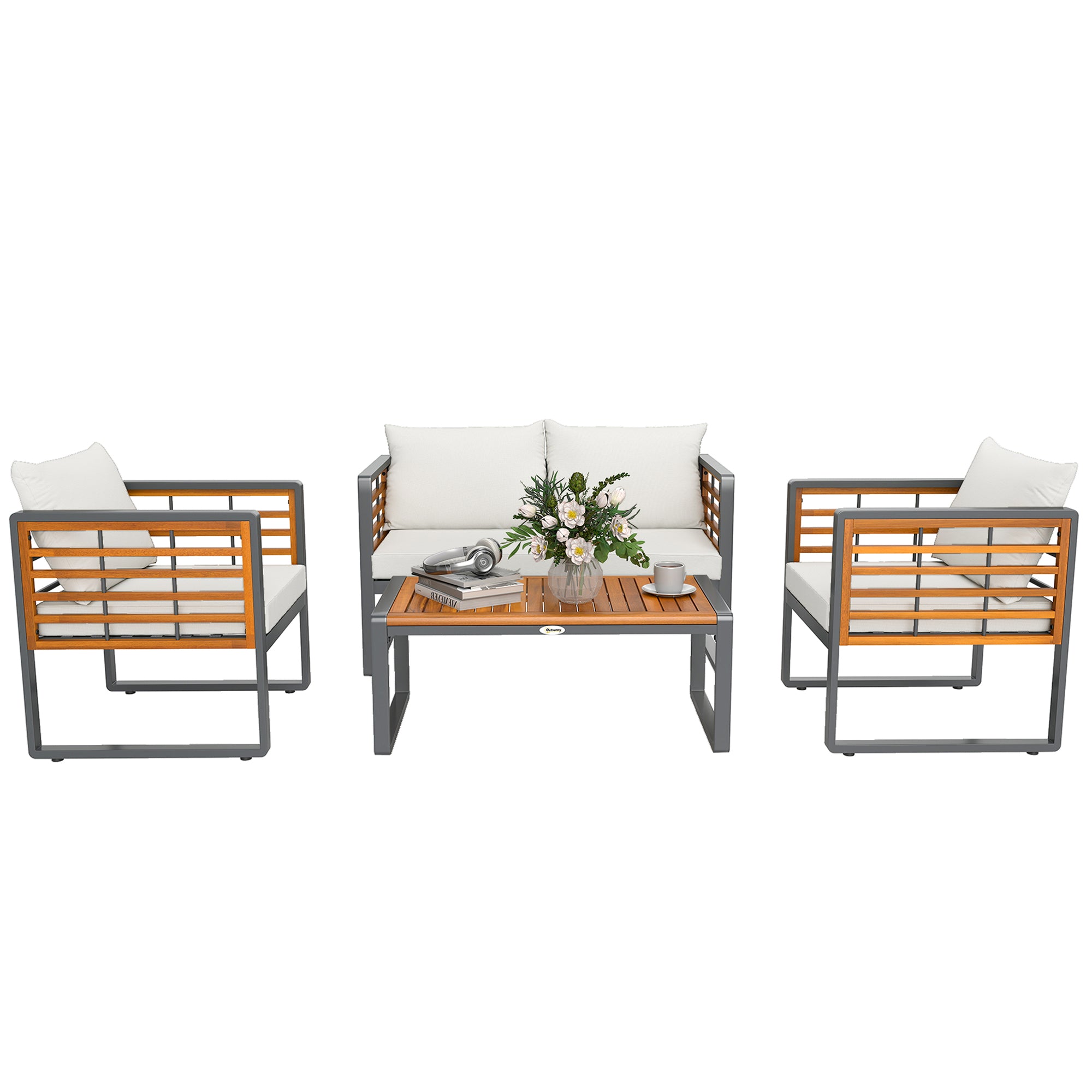 Outsunny 4-teiliges Gartenmöbel-Set, 2 Sessel, 1 Sofa, 1 Kaffeetisch, Sitzkissen, Akazienholz, Stahlgestell, Grau+Beige