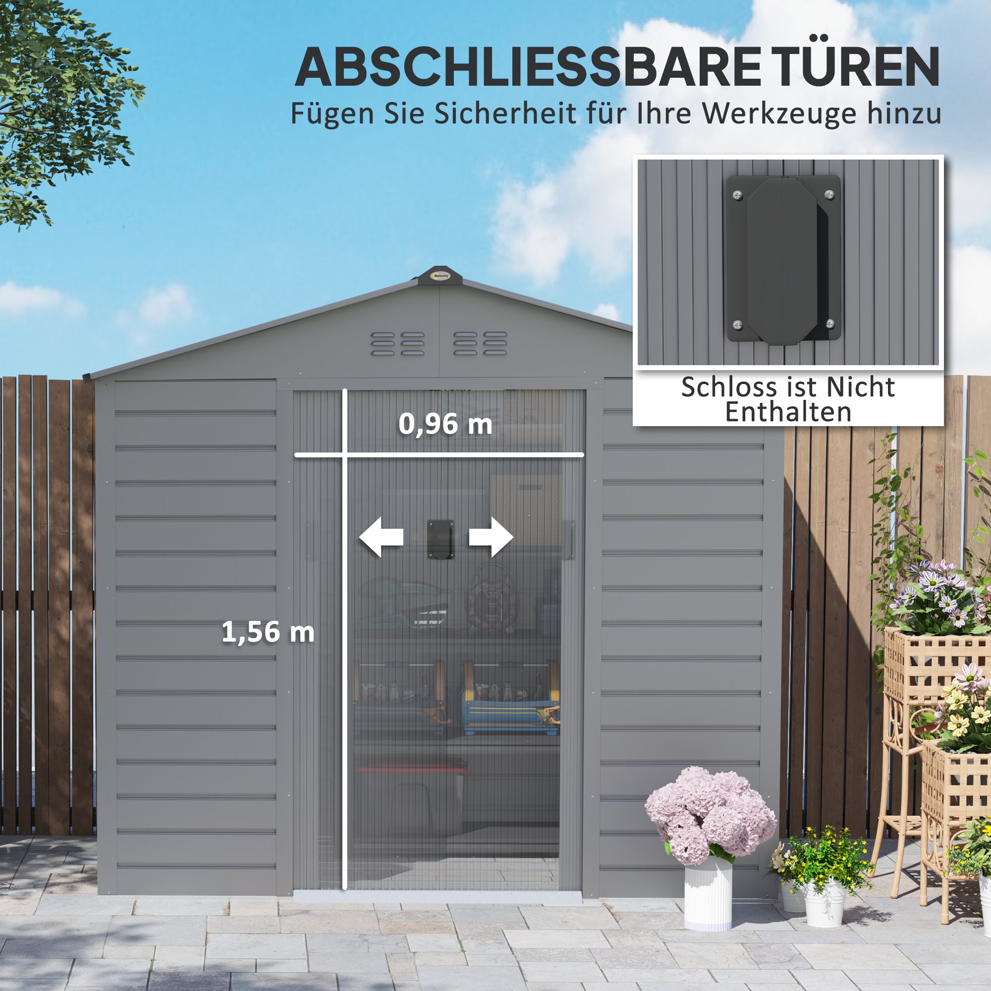 Outsunny 2,43 ㎡ Gerätehaus, 213 x 131 x 192 cm Geräteschuppen mit Satteldach, Abschließbare Schiebetür, wetterfest, Grau