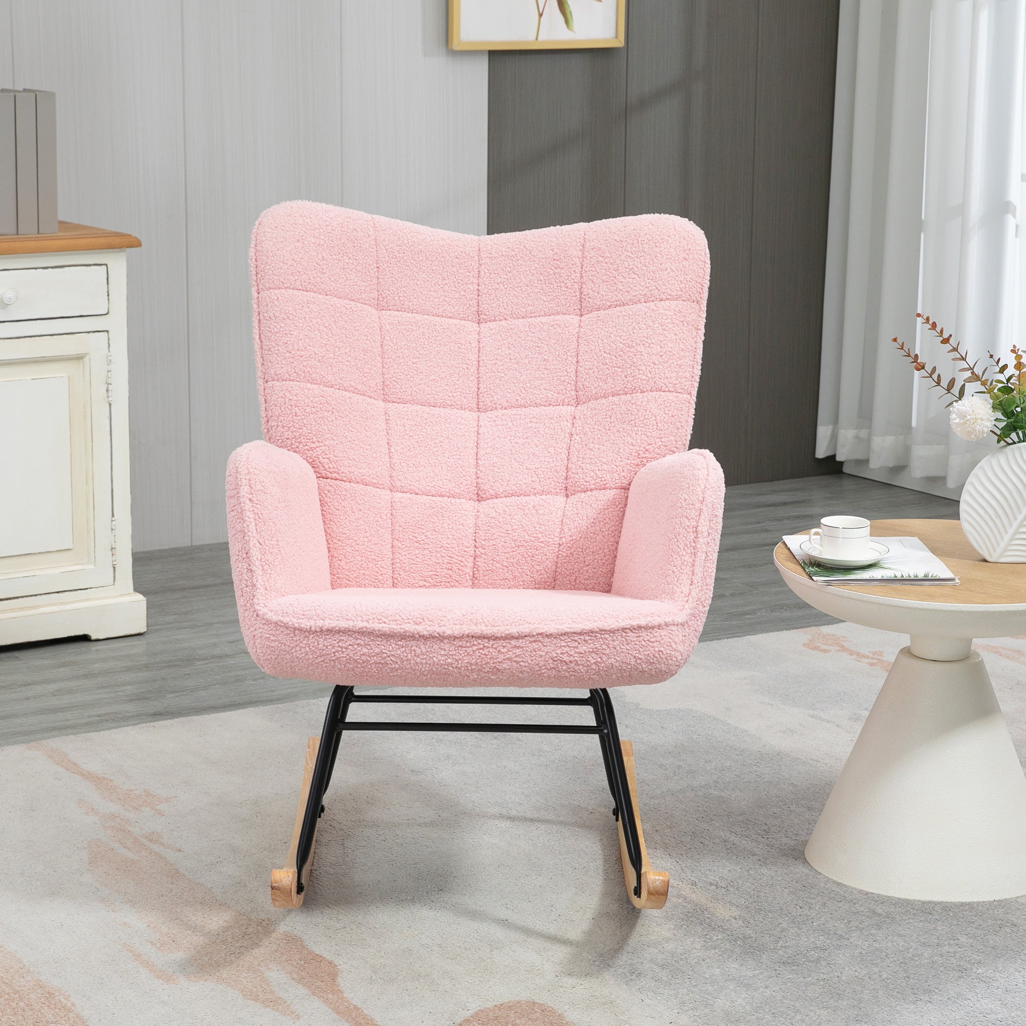 HOMCOM Schaukelstuhl im Retro-Design, Massivholz, Sessel, Relaxsessel, 98 cm x  71 cm x 101 cm, Rosa