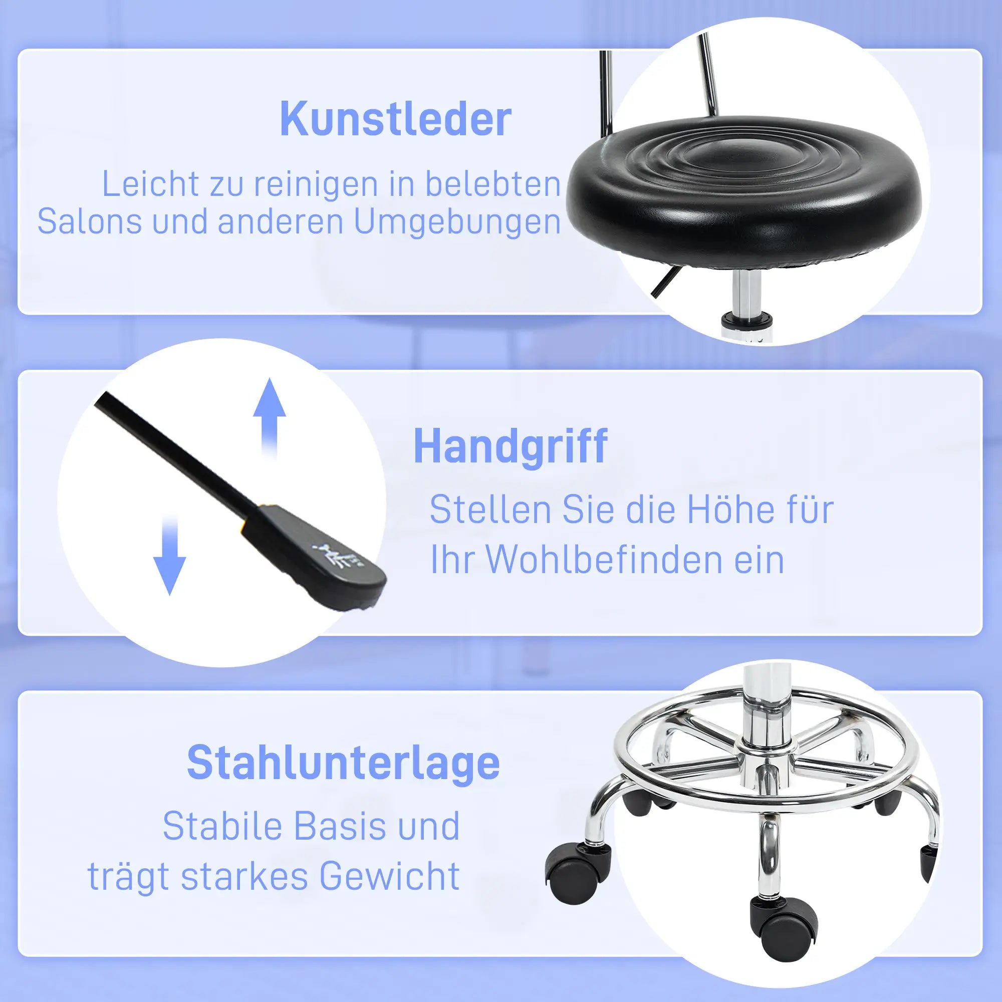 HOMCOM Rollhocker mit Lehne & Fußstütze, höhenverstellbar, Schwarz