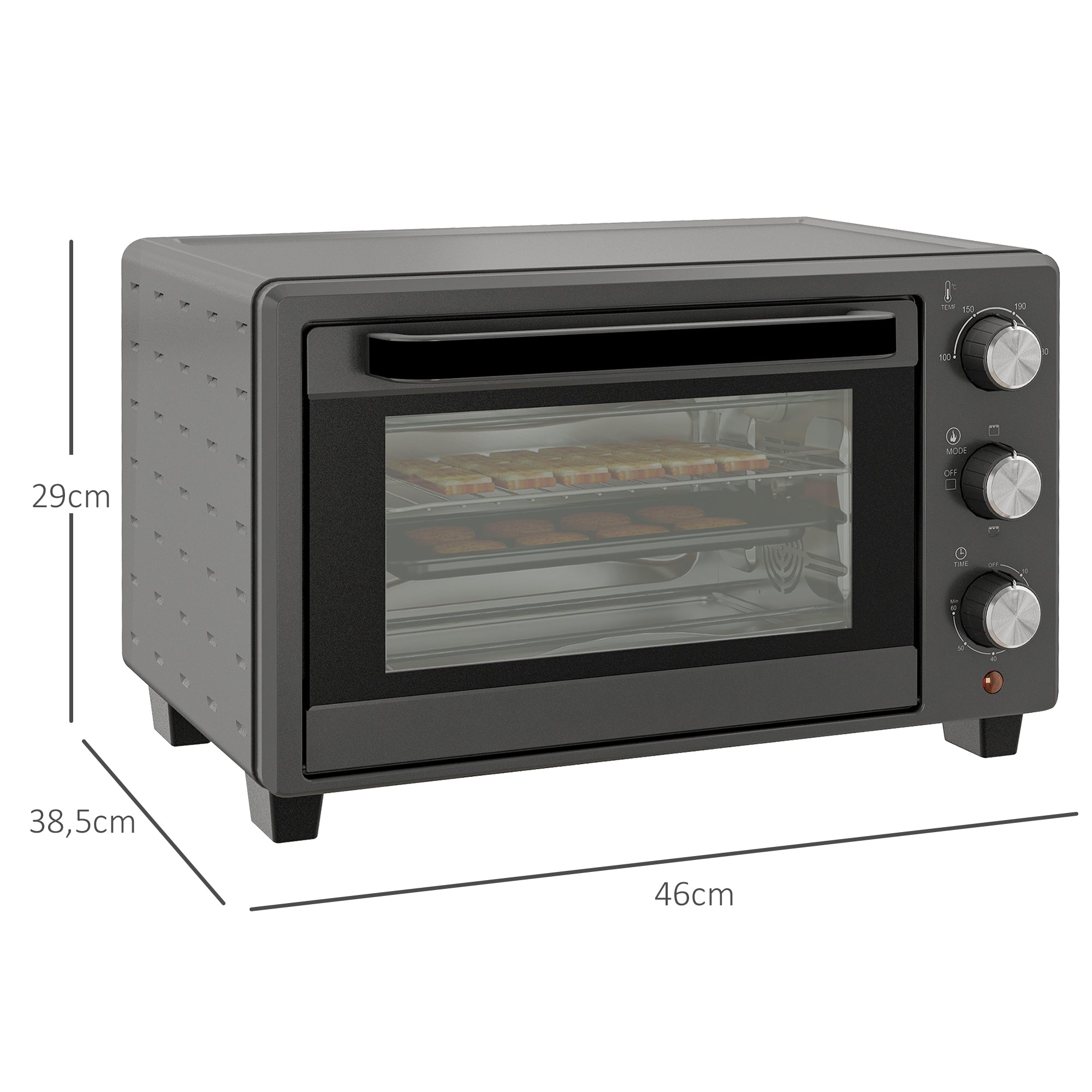 HOMCOM Minibackofen, 21 L Toasterofen mit 1 Drahtgestell und 1 Backblech, 3 Kochmodi, 100 °C-230 °C, Edelstahl, Glas, Grau
