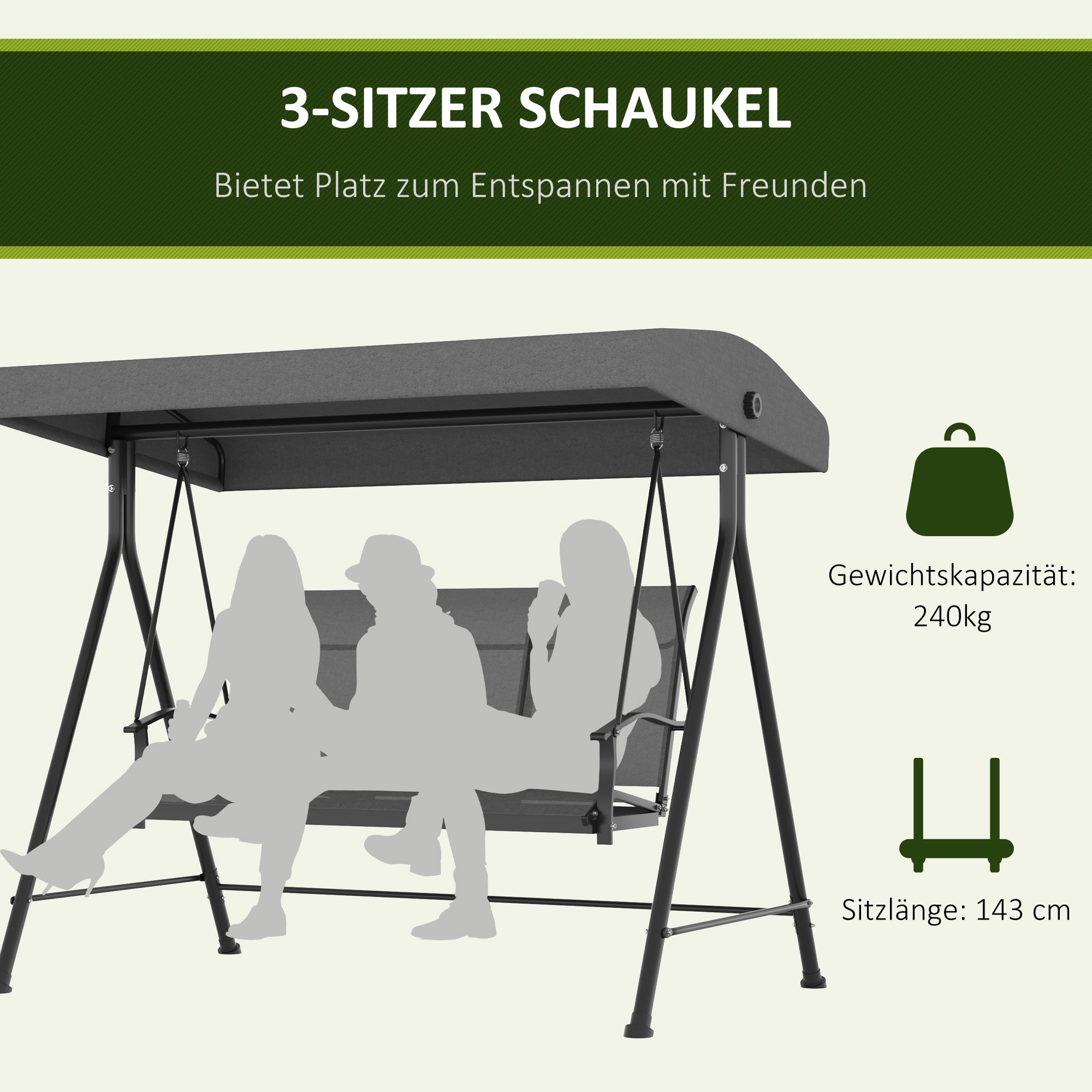 Outsunny Hollywoodschaukel, für 3 Personen, verstellbares Sonnendach, bis 240 kg, dunkelgrau, 195 x 118 x 170 cm