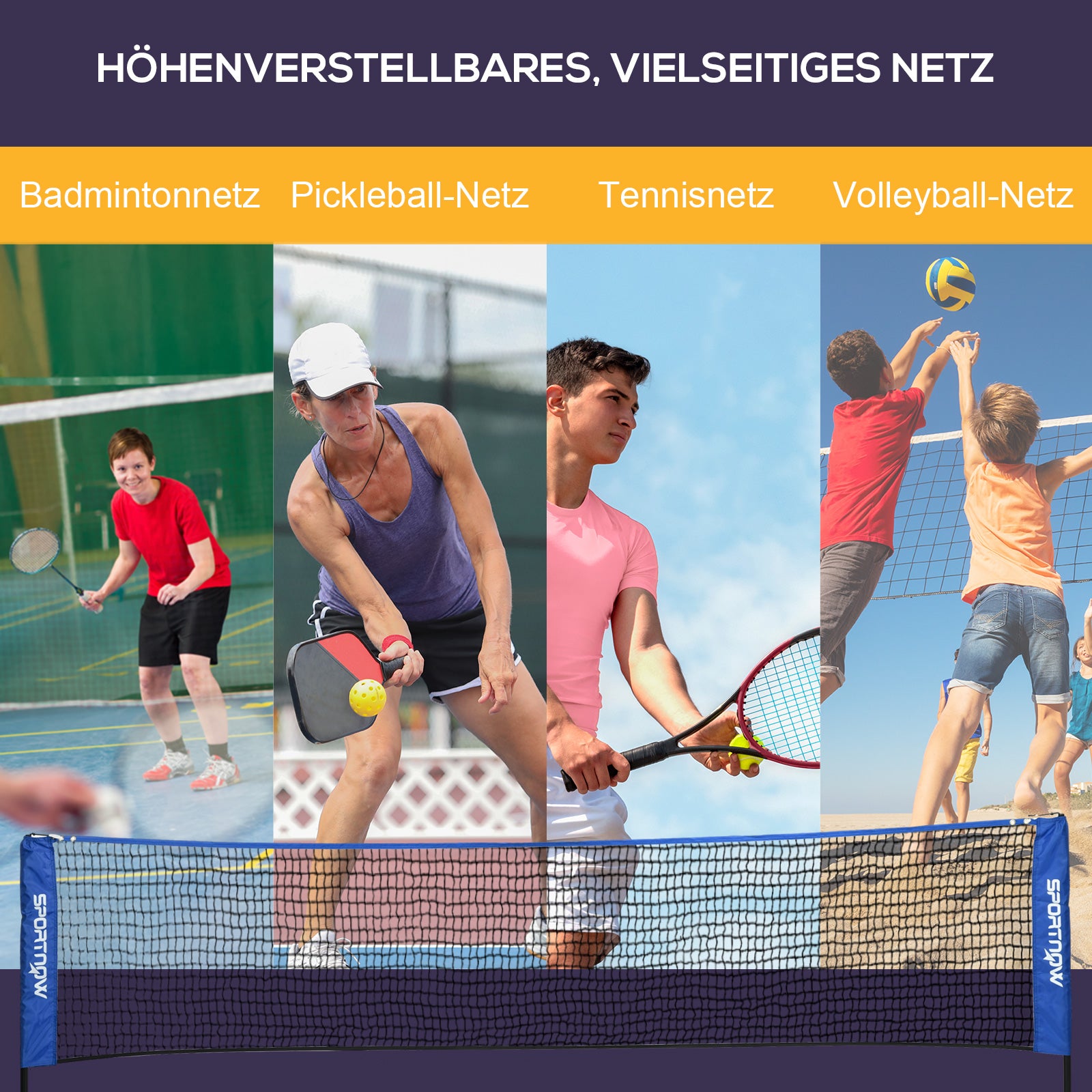 SPORTNOW Badmintonnetz, höhenverstellbar, faltbar, mit Tragetasche, 3,10m, Schwarz/Blau