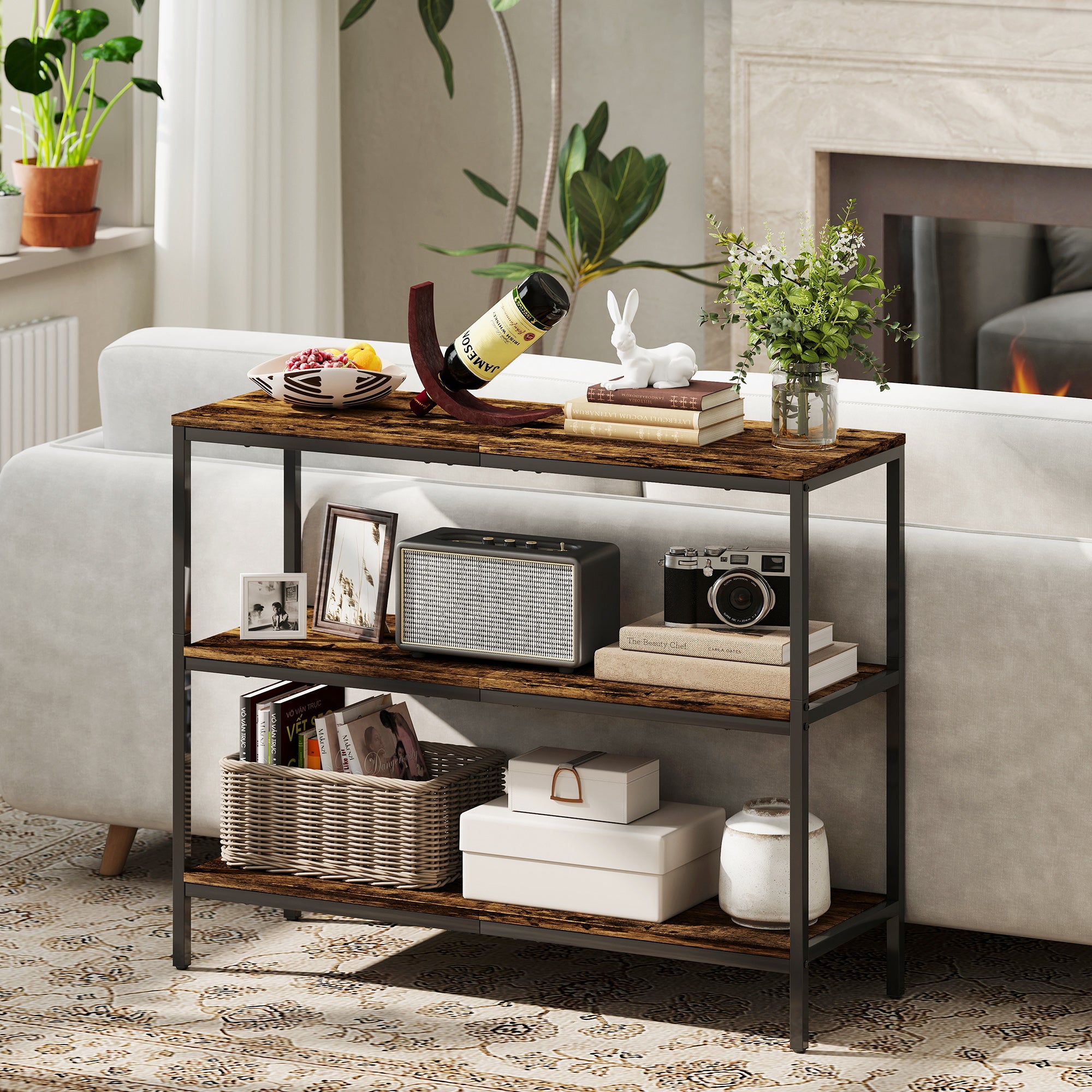 HOMCOM Konsolentisch, Beistelltisch mit 3-stufigem Regal, Spanplatte, Metall, Hellbraun