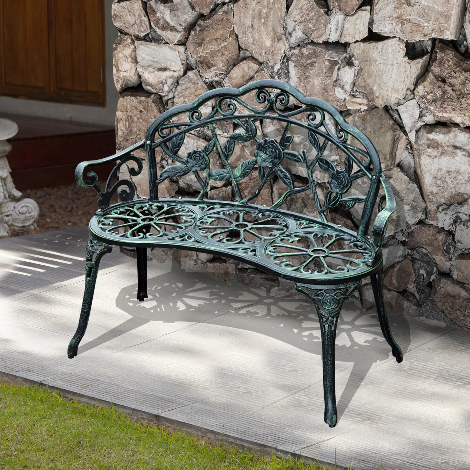 Outsunny Gartenbank 2-Sitzer Blumenmuster Gussaluminium Antik Grün