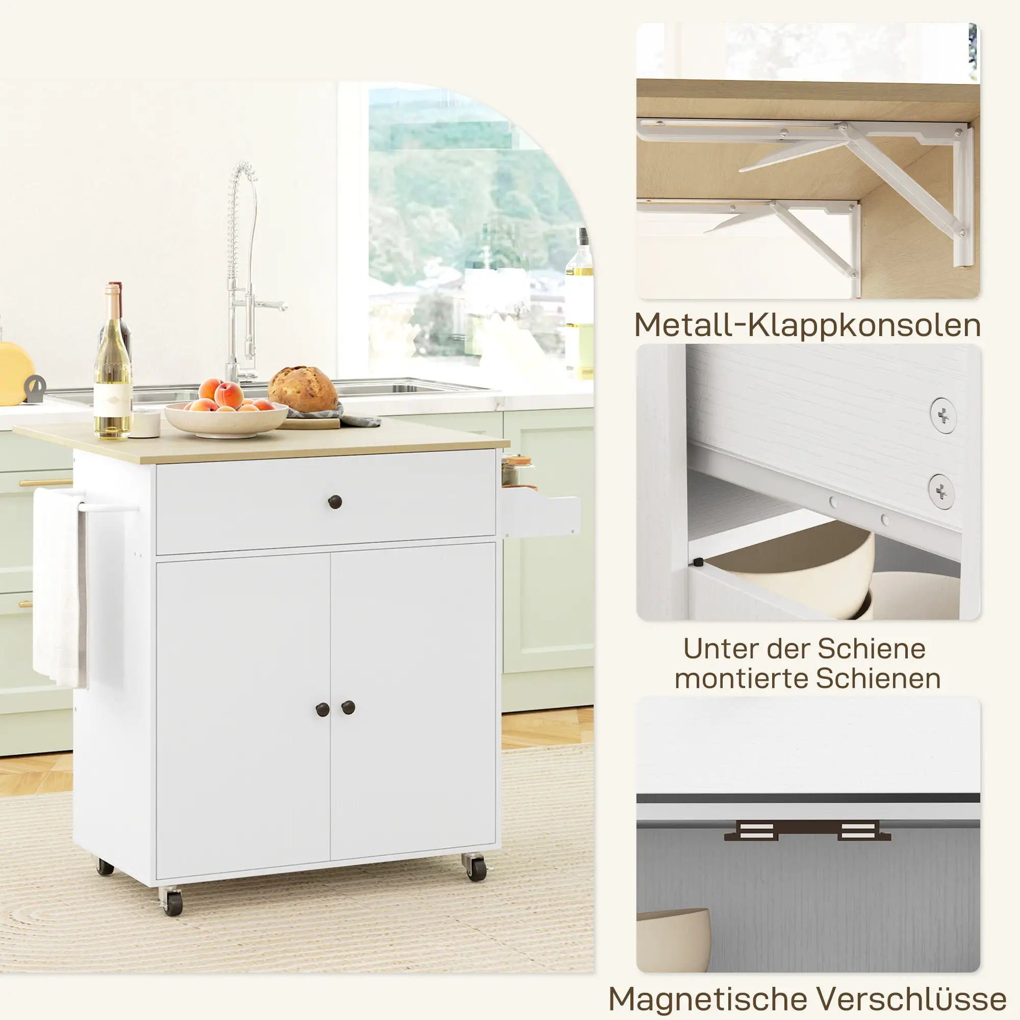 HOMCOM Küchenwagen mit Schublade, Schrankfach, Handtuchstange, 106 x 42 x 87 cm, Weiß/Eiche