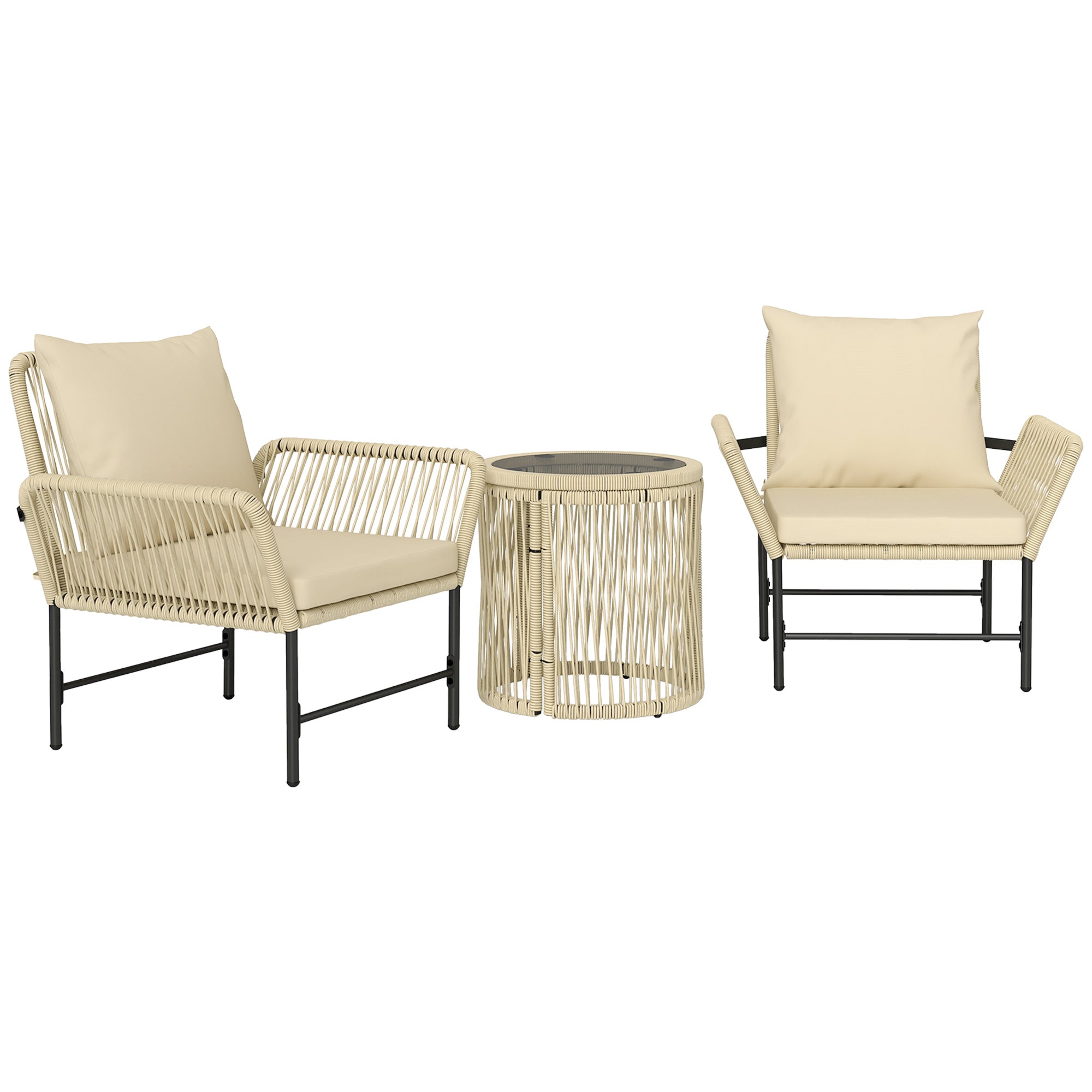Outsunny Polyrattan Gartenmöbel Set, Outdoor Balkonmöbel für 2 Personen, 3-teilig mit 2 Stühle, Beistelltisch Sitzkissen