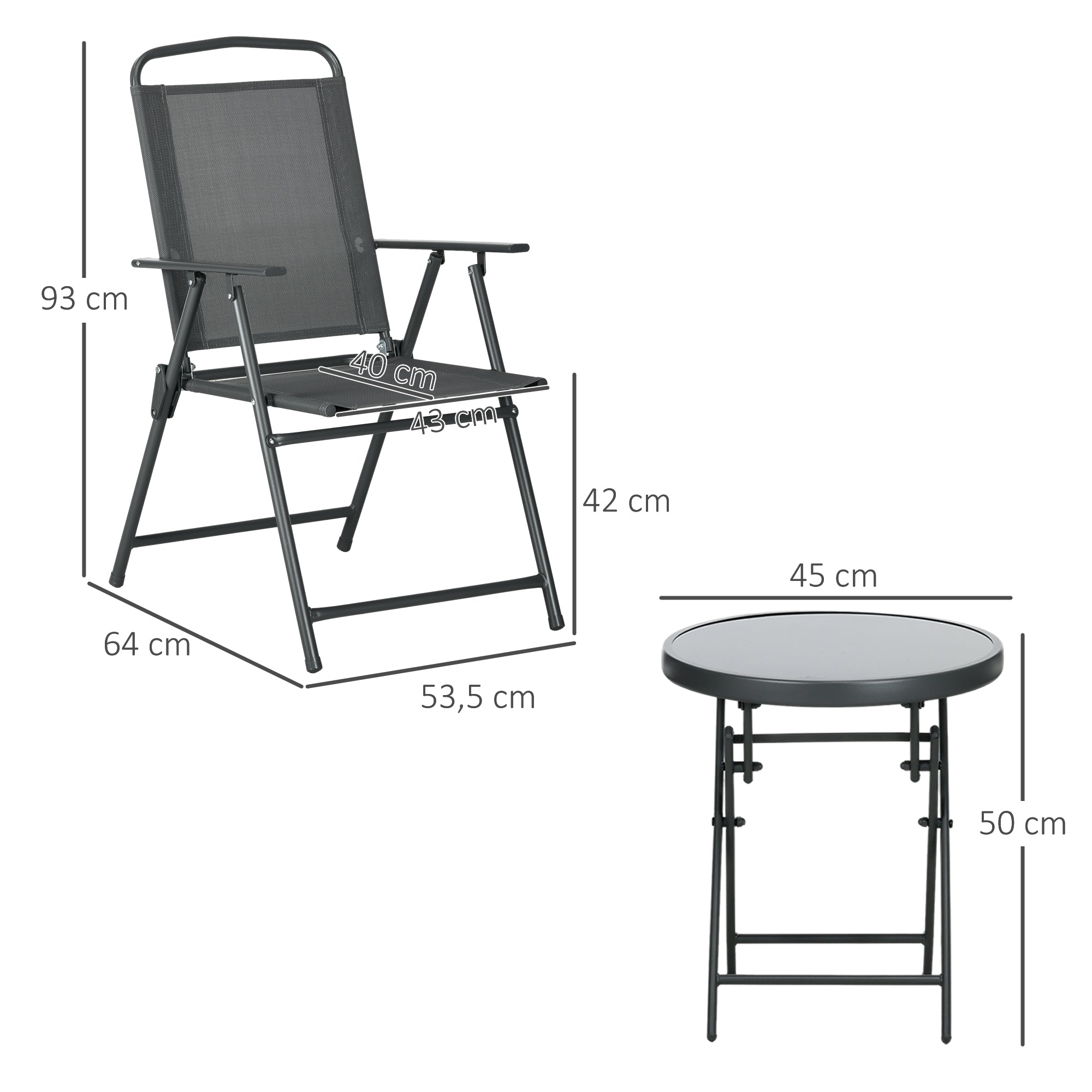 Outsunny Bistro-Set 3-teilig aus Metall Wetterfest Gartenmöbel Set mit klappbar Glastisch Gartenstühlen Dunkelgrau