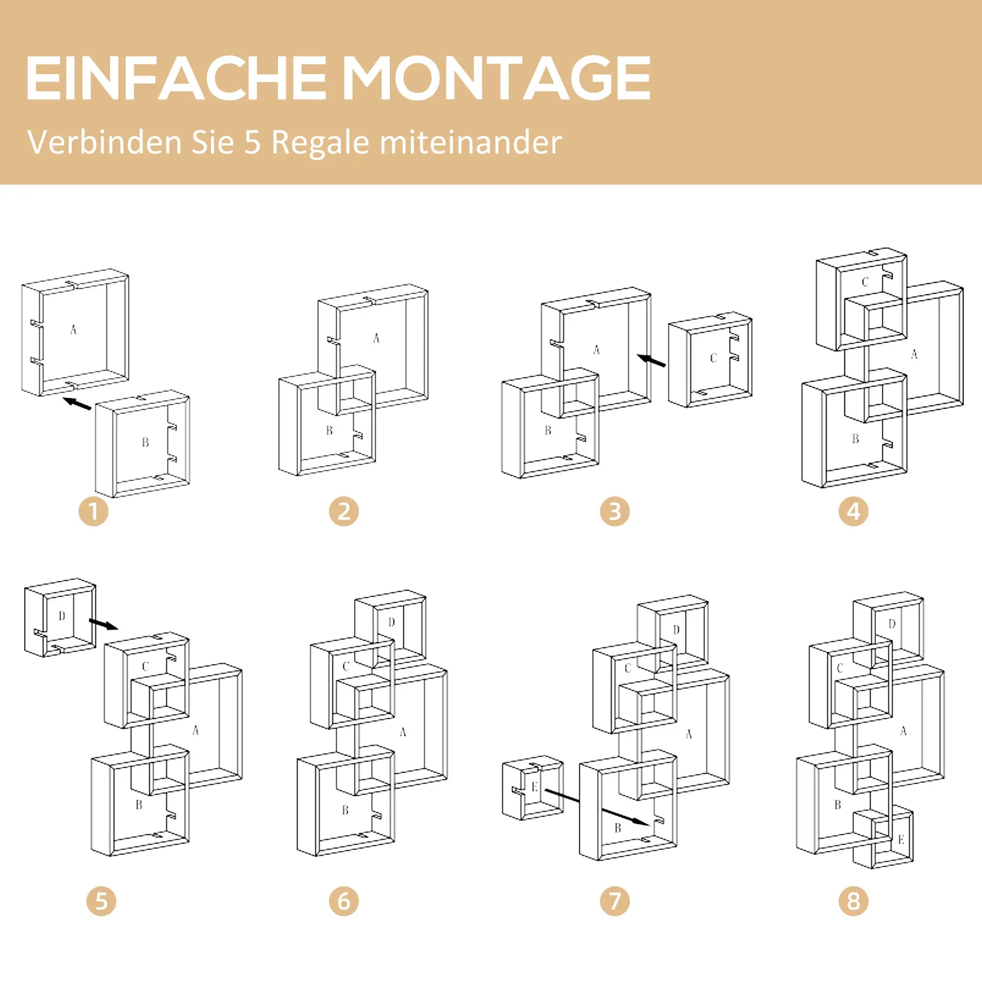 HOMCOM Wandregal, Schweberegal, 5 Regale, Massivholz, Weiß