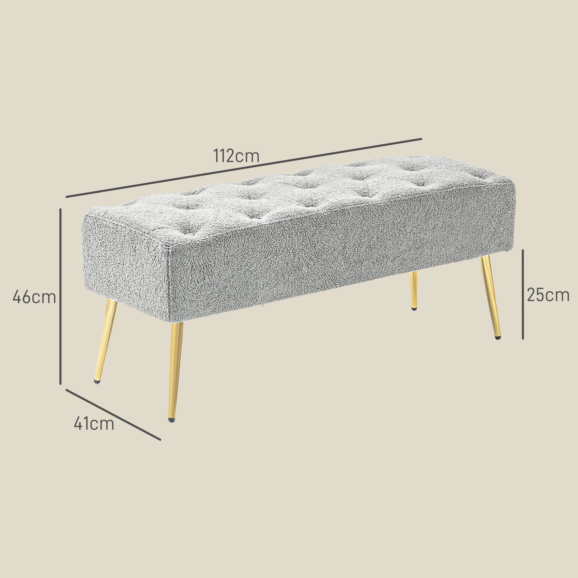 HOMCOM Bettbank, Sitzbank, weicher Bezug in Lammwoll-Optik, bis 120 kg, vergoldete Stahlbeine, 112x41x46cm, Grau