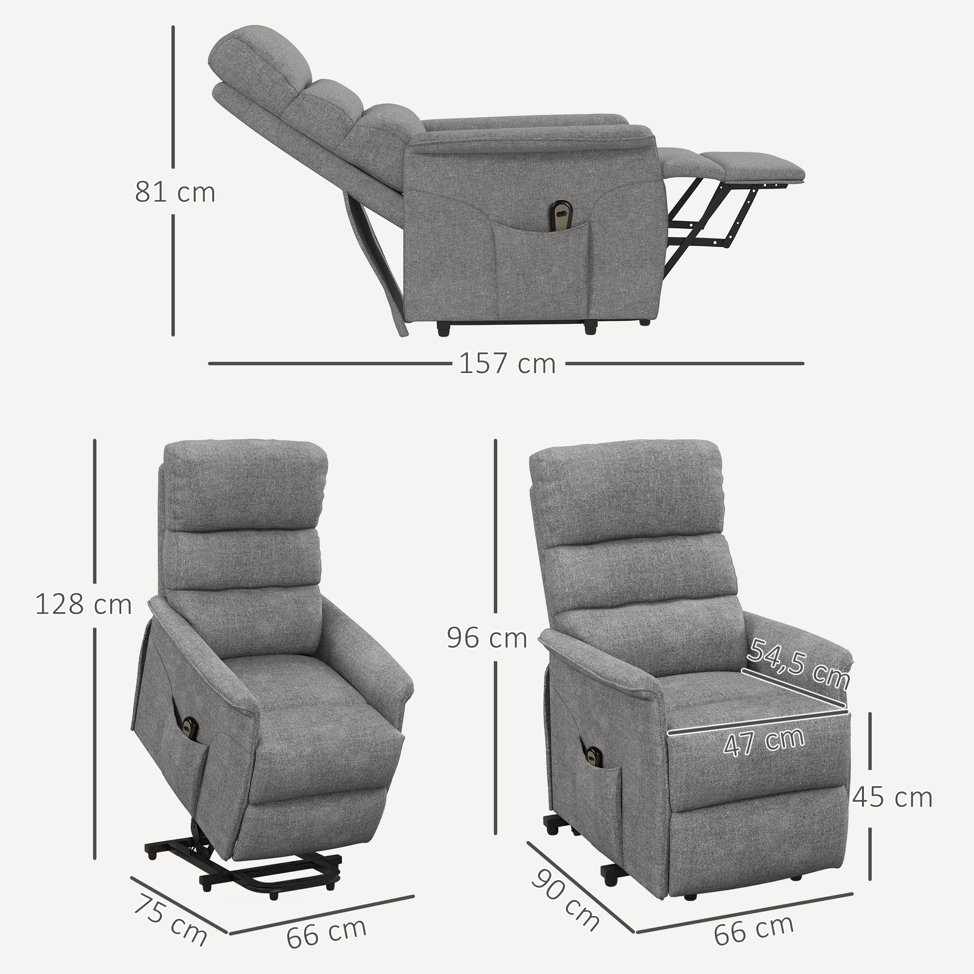 HOMCOM Relaxsessel mit Aufstehhilfe, verstellbare Rückenlehne/Fußstütze, bis 120 kg, 66 x 90 x 96 cm, Grau